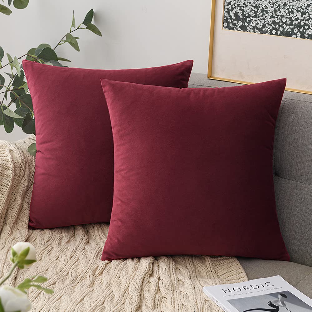 Comvi Wine Red Cushions with Covers Included Sets 4 Pcs – (2 Cushion Inserts, 2 Cushion Covers) - Decorative pillows filled – Velvet Sofa Cushions - throw pillow - Cushions 45cm x 45cm with Filling