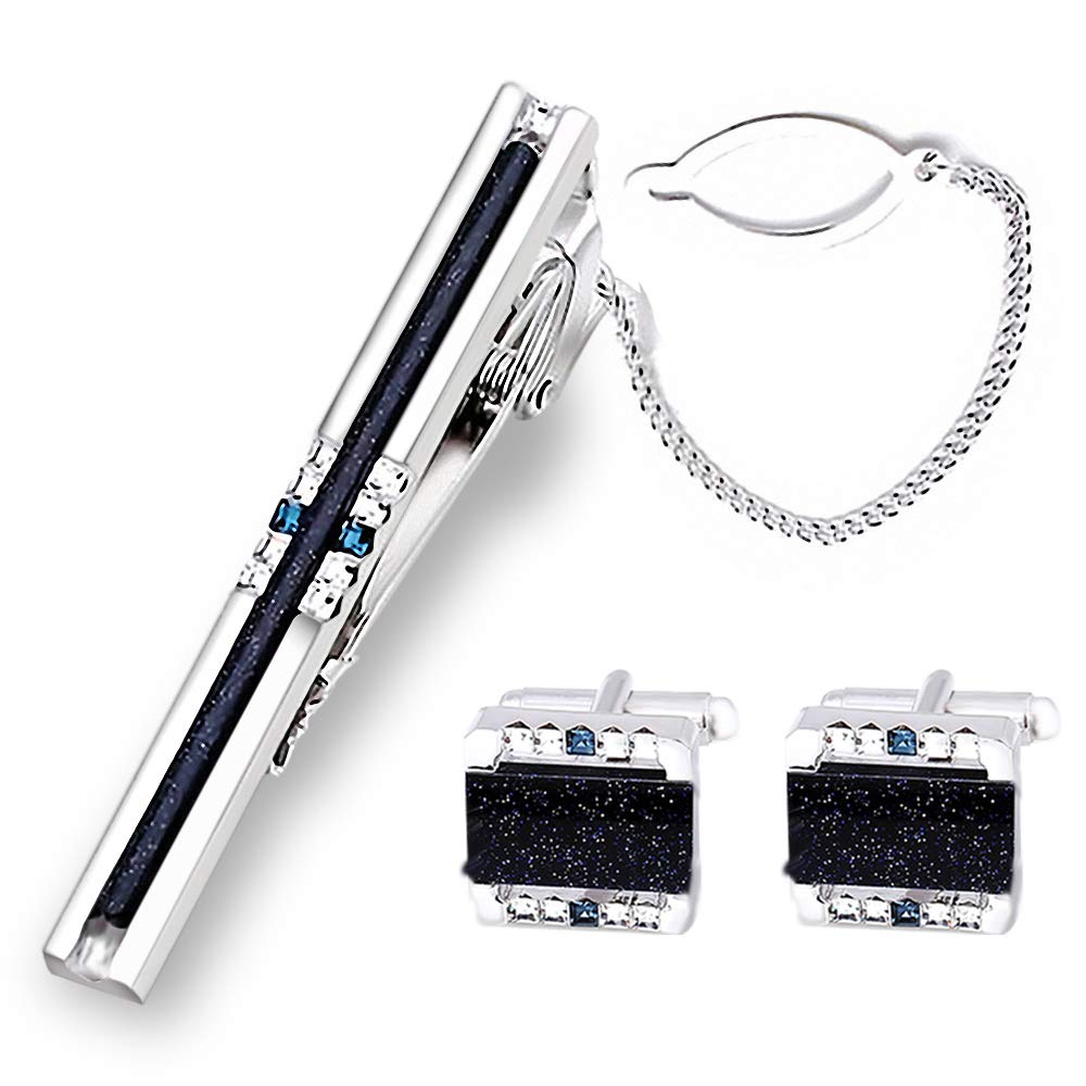 BagTu Shinning Galaxy Stone Cufflinks and Tie Clip Set with Gift Box and Greeting Card, Strip Galaxy Dark Blue Cufflinks and Tie Clip Gift Set for Men