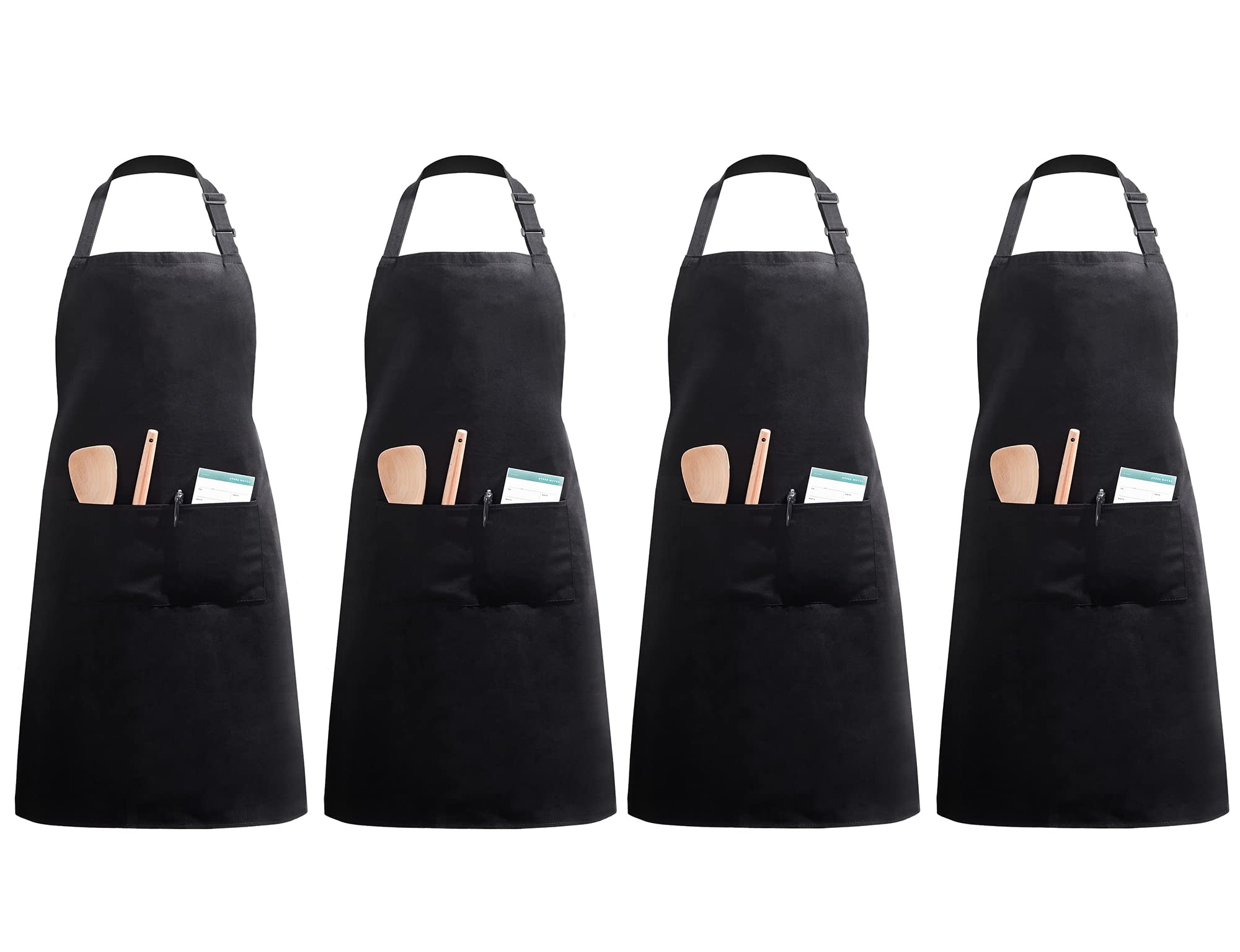 InnoGear 4 Packs Apron, Unisex Adjustable Apron with Pockets for Home Kitchen Cooking, Restaurant, Coffee house (Black, Polyester)