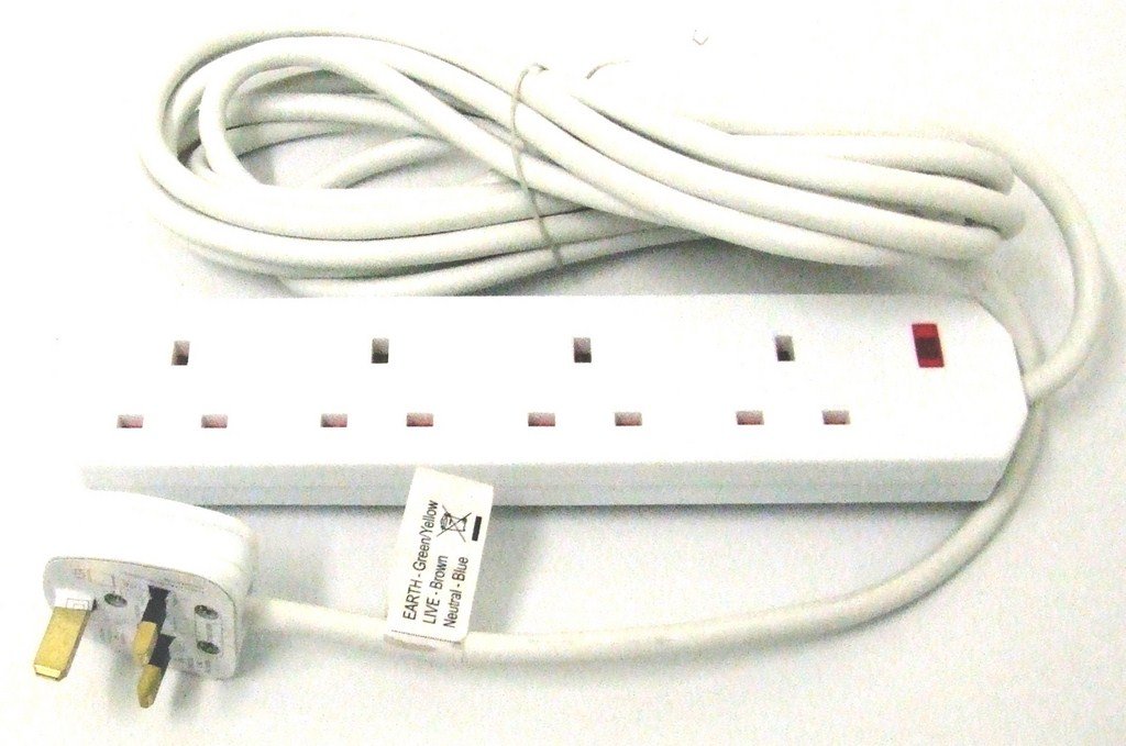 PIFCO 4 Way 3Pin Plug 13amp Extension Lead with 5 Metre Cable - Neon Power On Indicator - White