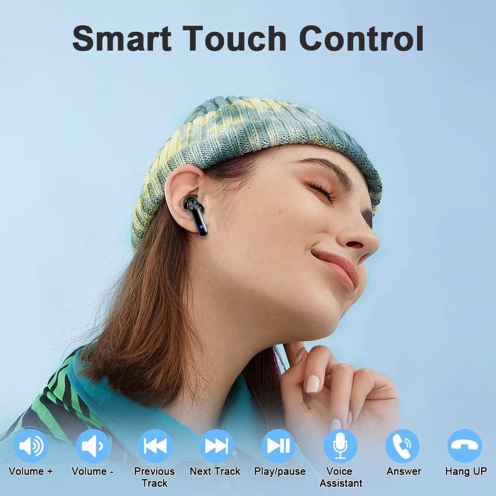 GCBIG Wireless Earbud, Bluetooth 5.2 Headphones with Mic, Wireless Earphones HiFi Stereo Immersive Bass Sound, Wireless Headphones with USB-C Charging, Touch Control, IP7 Waterproof, 40H Playtime