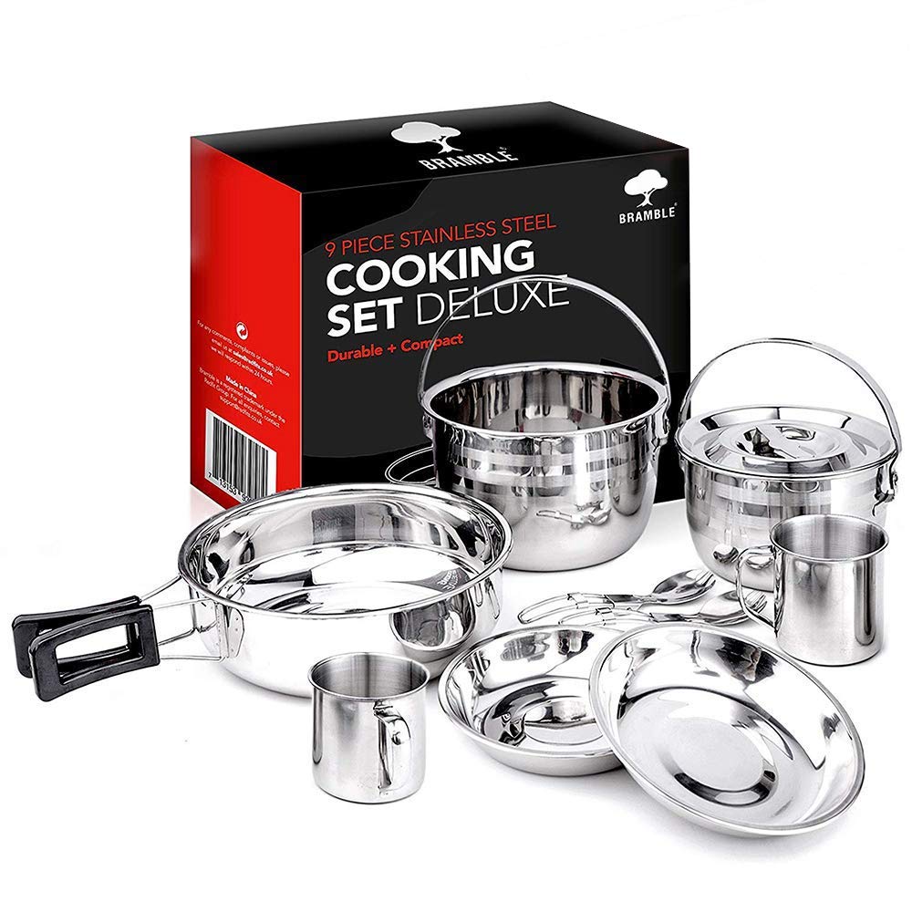 Bramble - 9 Pc Stainless Steel Camping Cooking Set - Pots, Pans, Plates & More