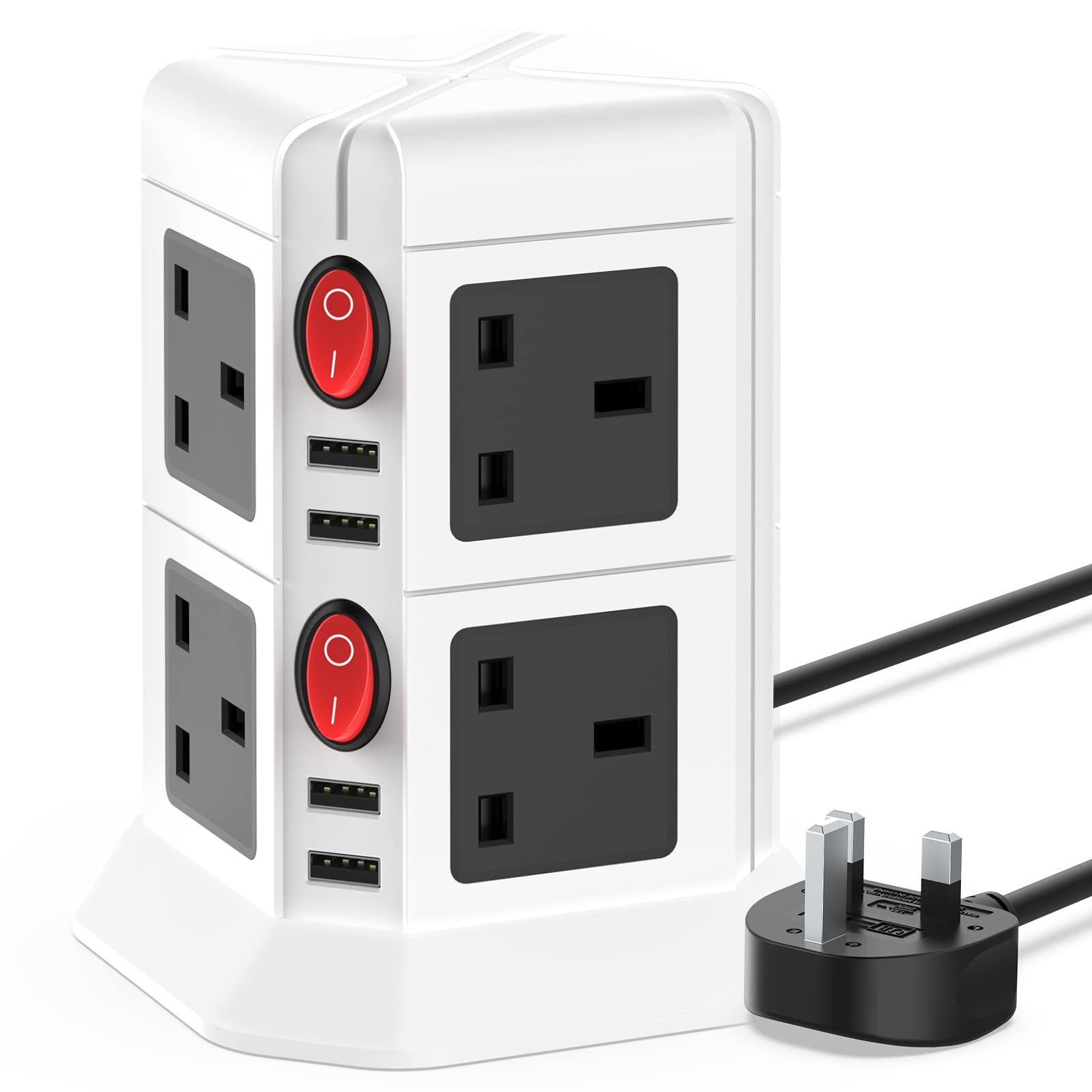 Tower Extension Lead with USB Slots 2m with 8 Outlets(2500W) & 4 USB Ports Eextension Lead with USB Slots, Surge Protection 10A/2500W for Home, Office
