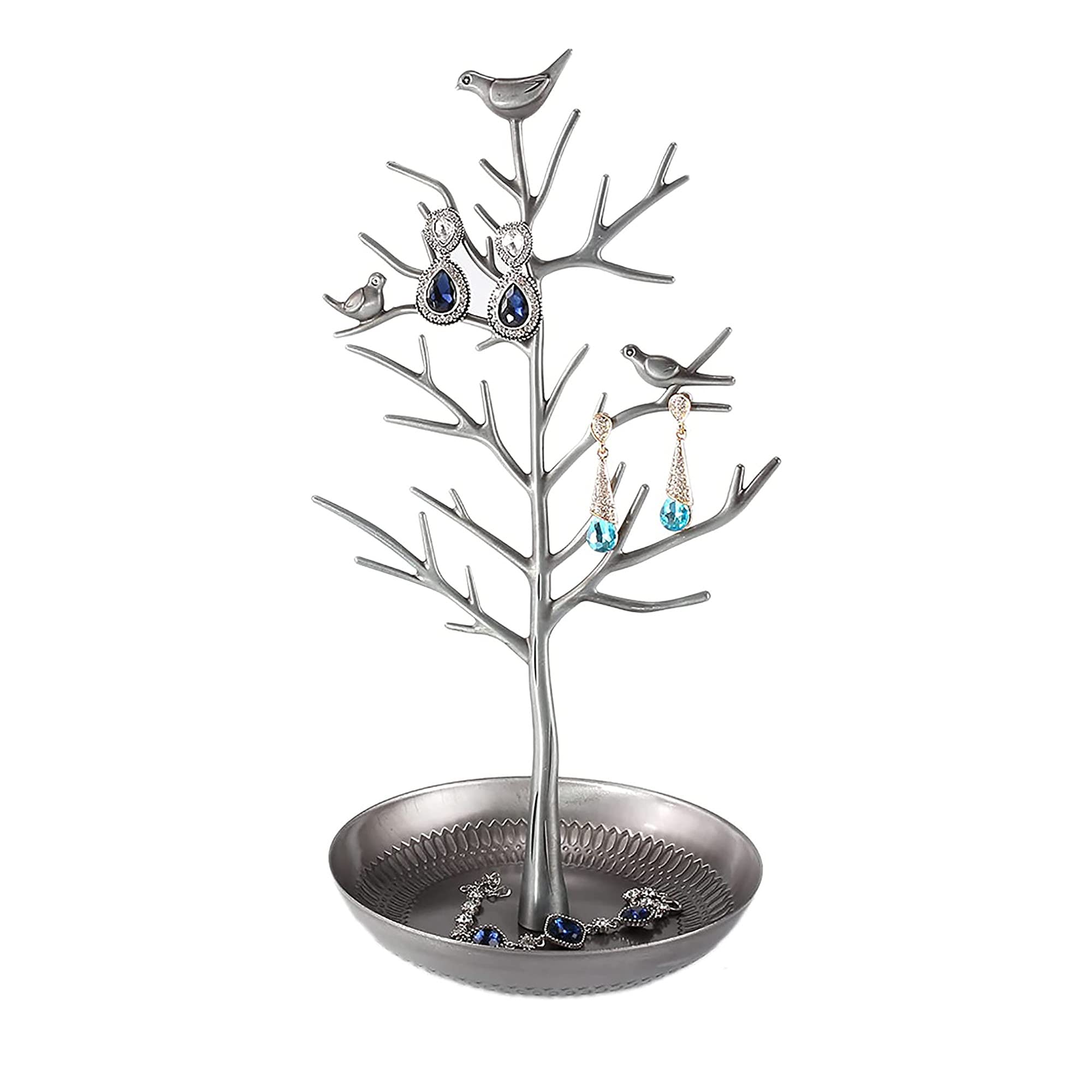 Homeanda Jewellery Stand,Earring Holder Ring Display Birds Tree Necklace Organizer (Silver)