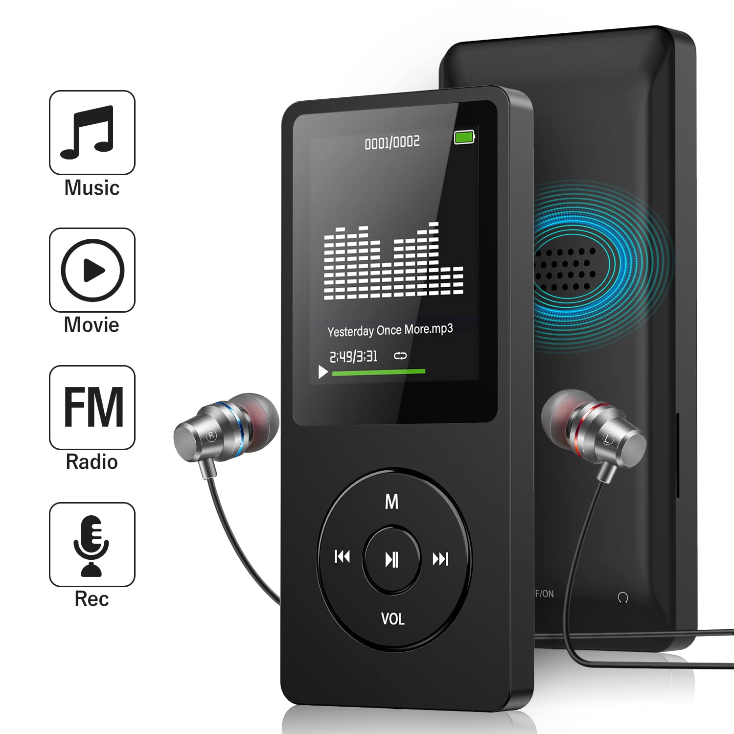 64GB MP3 Player with FM Radio and Voice Recorder, Ultra Slim Music Player with Video Play Text Reading and Build-in Speaker Support up to 128GB, Earphone Included (Black)