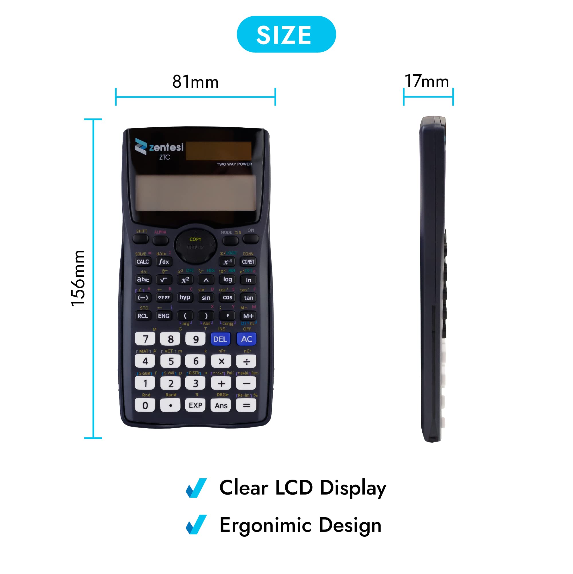 Zentesi Scientific Calculator For Secondary School with Solar Power. Perfect for GCSE, A Level Maths, Office Stationary Set & Supplies - 401 Functions, 12 Digit & 2 Line Display