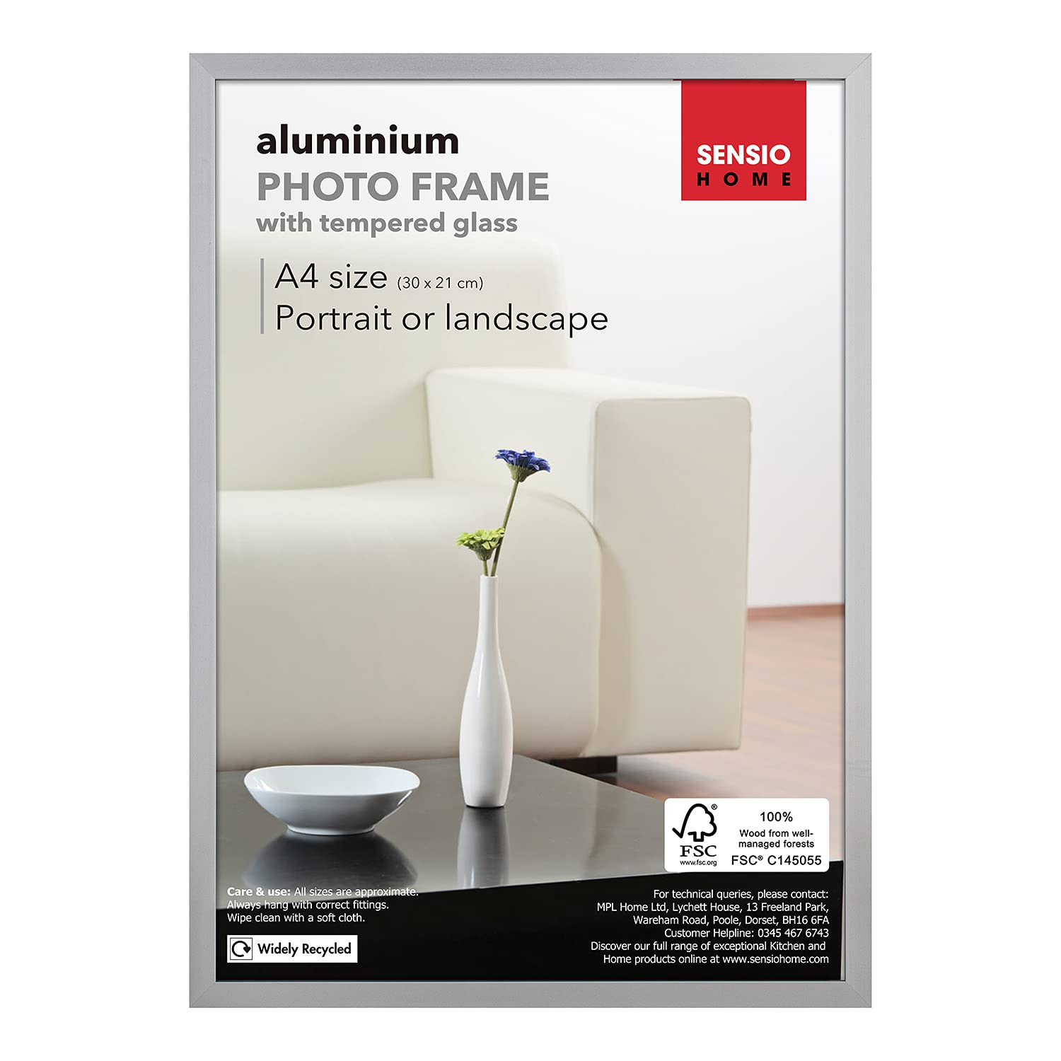 Sensio Home A4 Photo Frame Aluminium Silver Tempered Safety Glass Premium Quality (1 Pack, Silver)