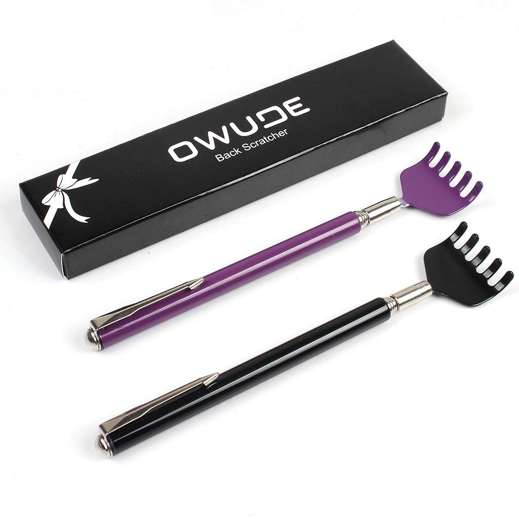 Portable Extendable Back Scratcher, OWUDE Telescoping Scratcher Tetractable Bear Claw Metal Hand Massager Tool Pack of 2 (Black + Purple) (Style 1)