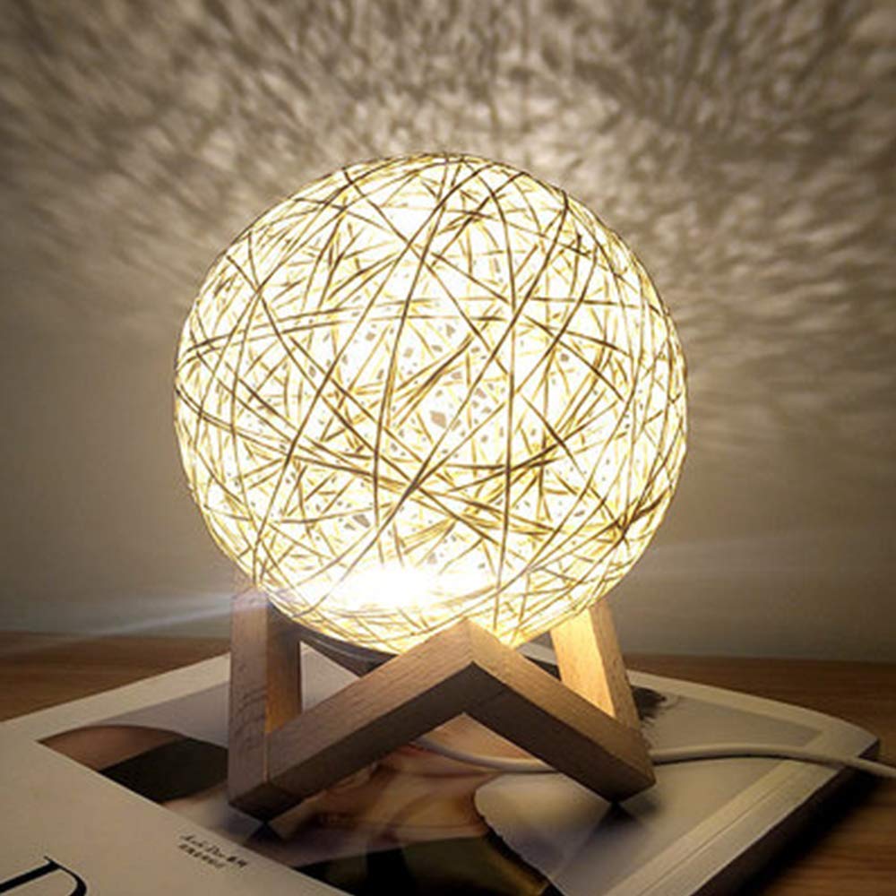 LED Table Light, Rattan Ball Desk Lamp, Modern Bedside Wooden Night Light Baby Feeding Dormitory Lighting Valentine's Day Birthday Gift