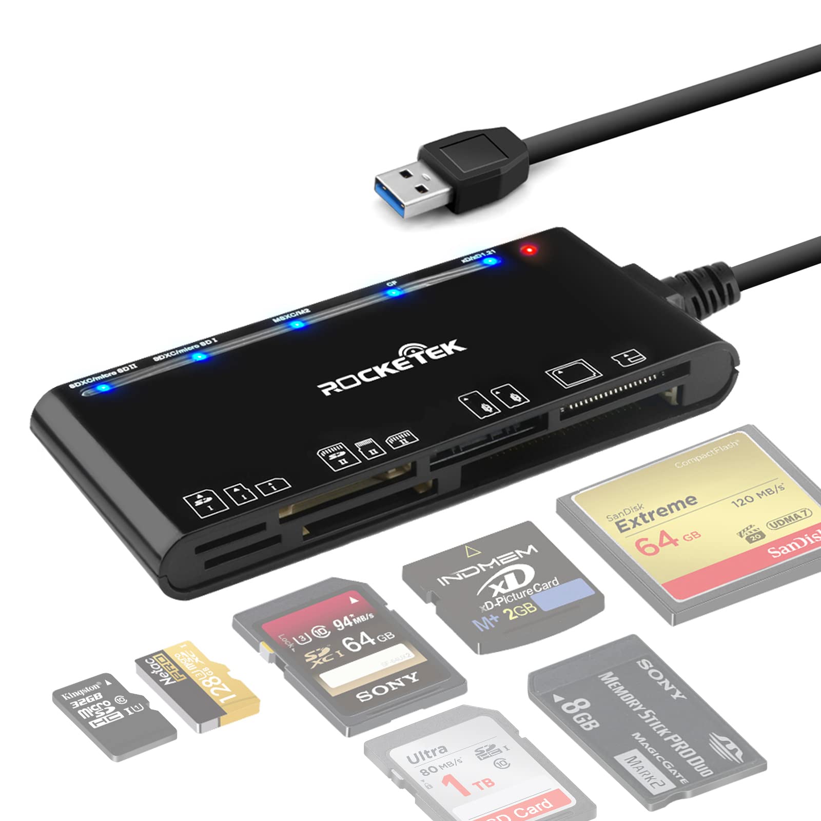 Card Reader USB 3.0, Rocketek 7 in 1 Memory Card Reader, USB 3.0 (5Gbps) High Speed CF/SD/TF/XD/MS/Micro SD Card Solt All in one Card Reader for Windows XP/Vista/Mac OS/Linux,etc