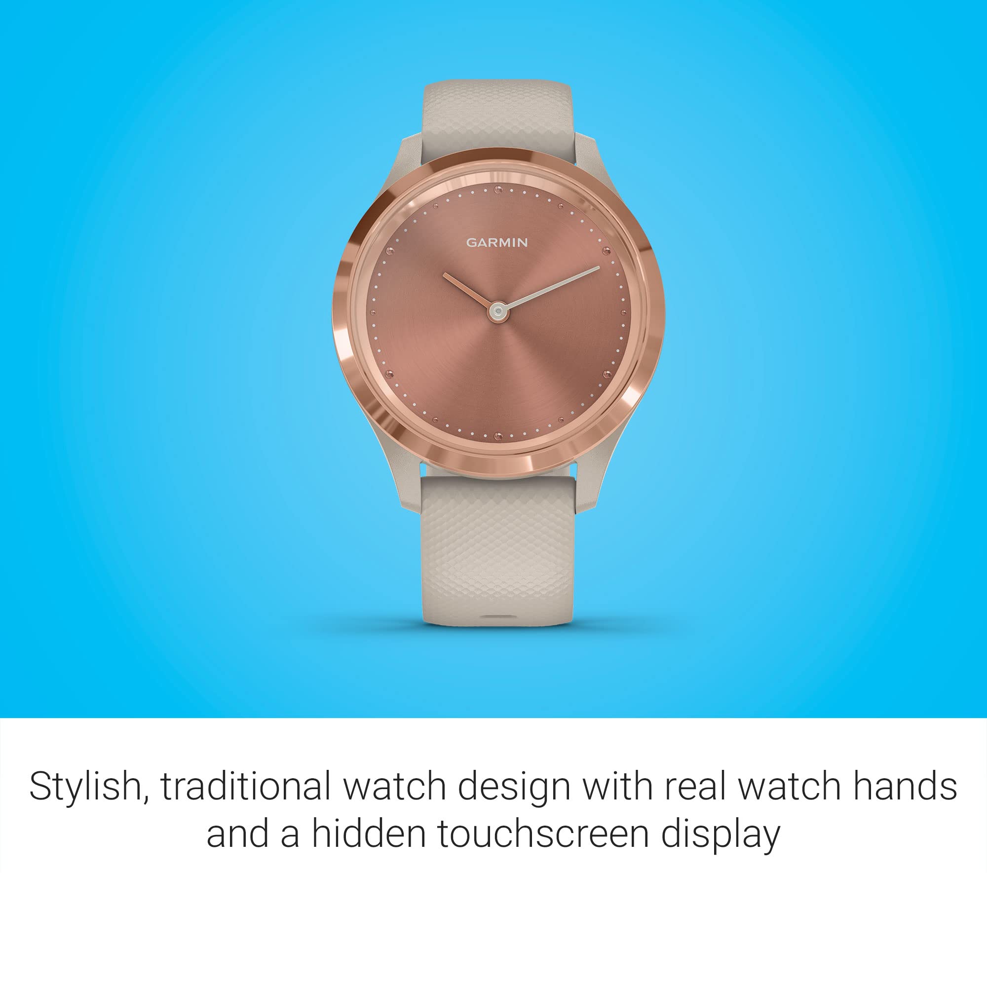 Garmin vivomove 3S, Smaller sized, Hybrid Connected GPS Smartwatch with Real Watch Hands and Hidden Touchscreen Display, Rose Gold with Light Sand Silicone Band
