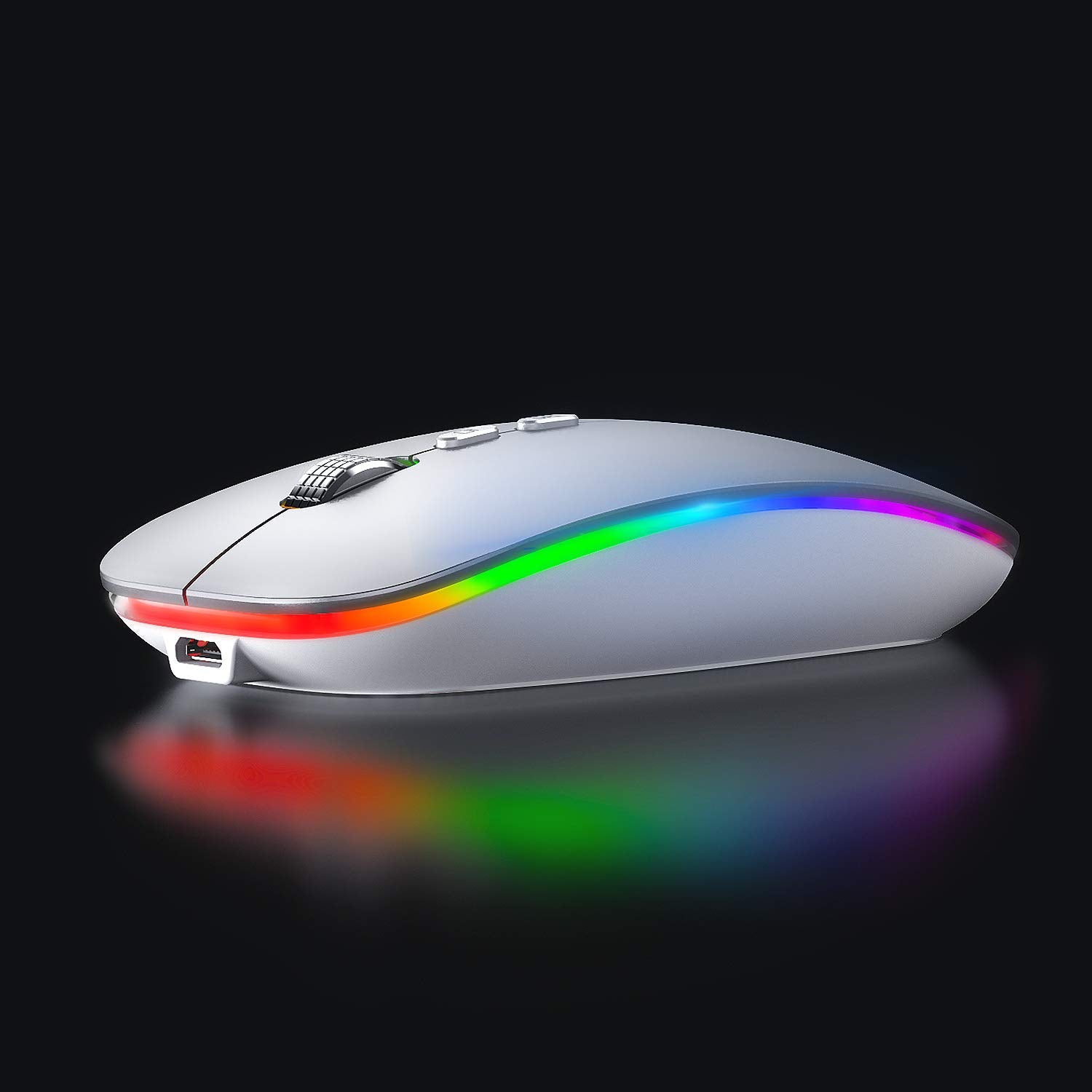 INPHIC LED Wireless Mouse, Rechargeable Silent 2.4G Wireless Computer Mouse with USB Receiver, Untra Thin RGB Backlit Cordless Mice for Laptop, PC,Mac, Silver