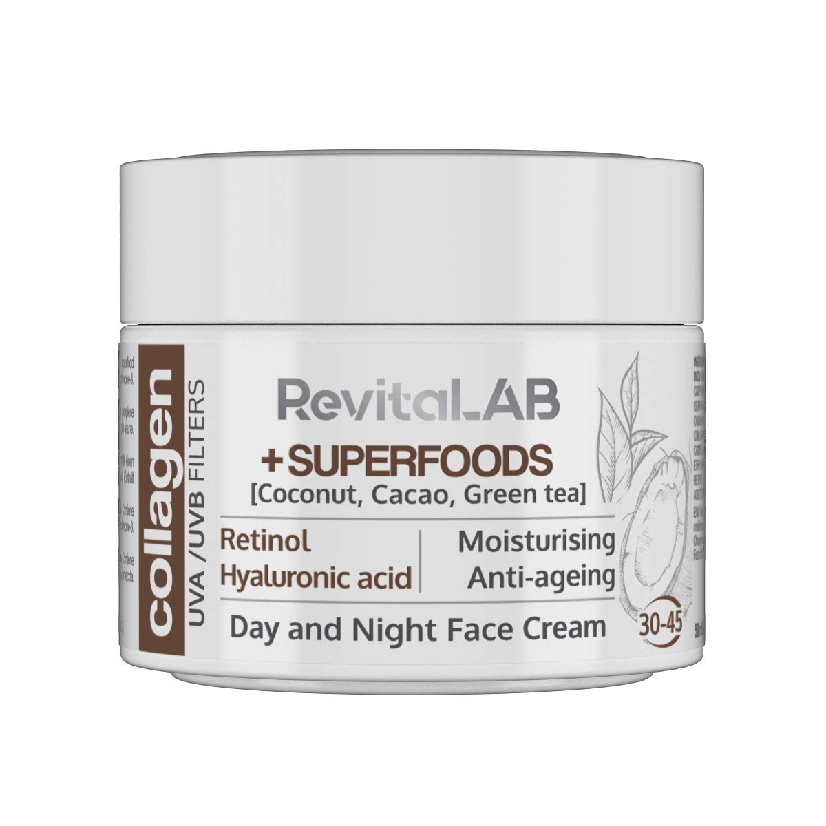 RevitaLAB Day and Night Collagen Anti-Ageing Moisturiser, Enriched with Hyaluronic Acid, Superfoods, Vitamins and a UVA/UVB Filter, for Ages 30 – 45, 50 ml