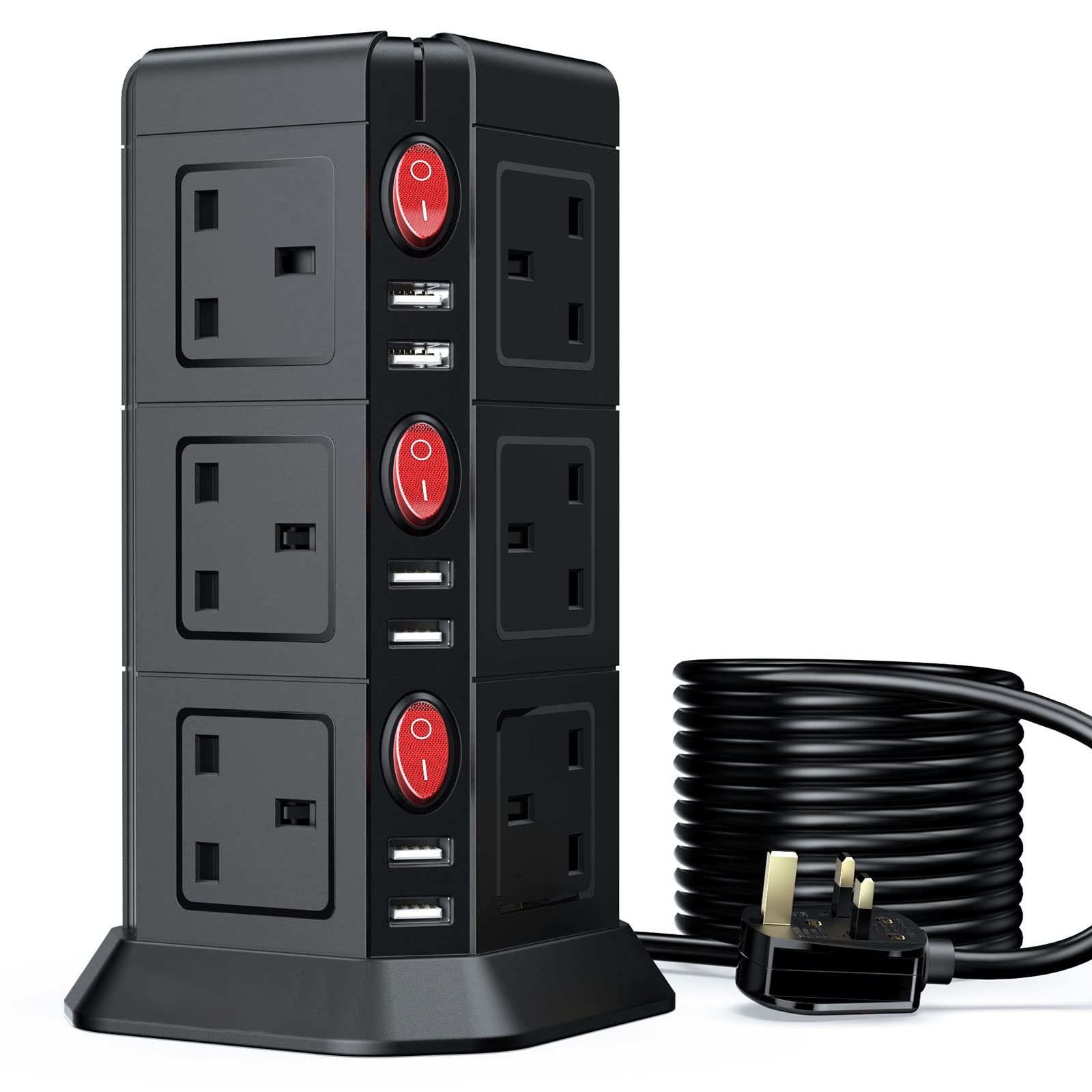 Tower Extension Lead with usb Slots [13A 3250W] Surge Protector - 12 AC Outlets & 6 USB Ports 16.4FT/5M Extension Cords for Home, Office Black