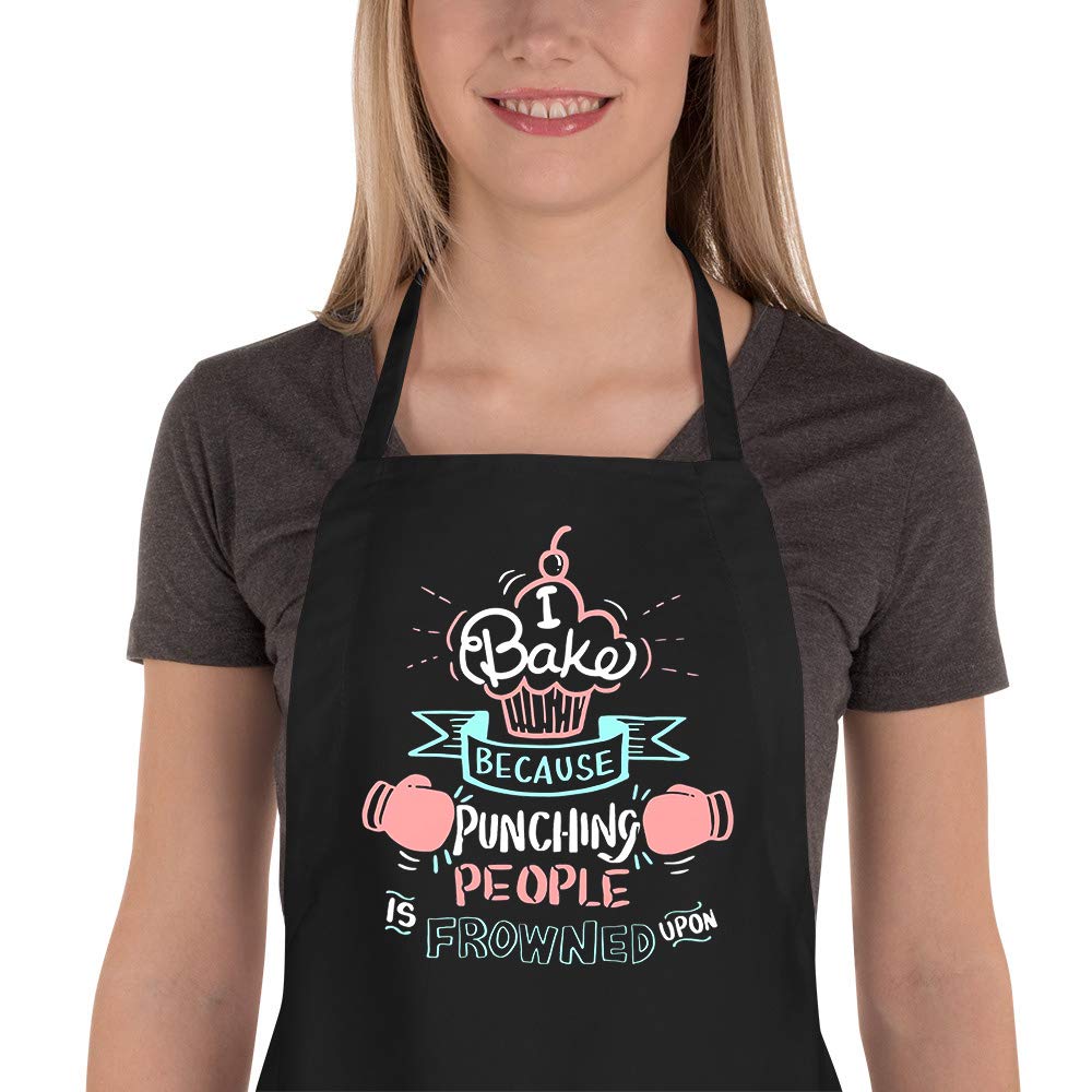 Saukore Funny Baking Aprons for Women and Men, Cute Baking Gifts for Bakers, Kitchen Cooking Aprons with 2 Pockets - I Bake Because Punching People is Frowned Upon