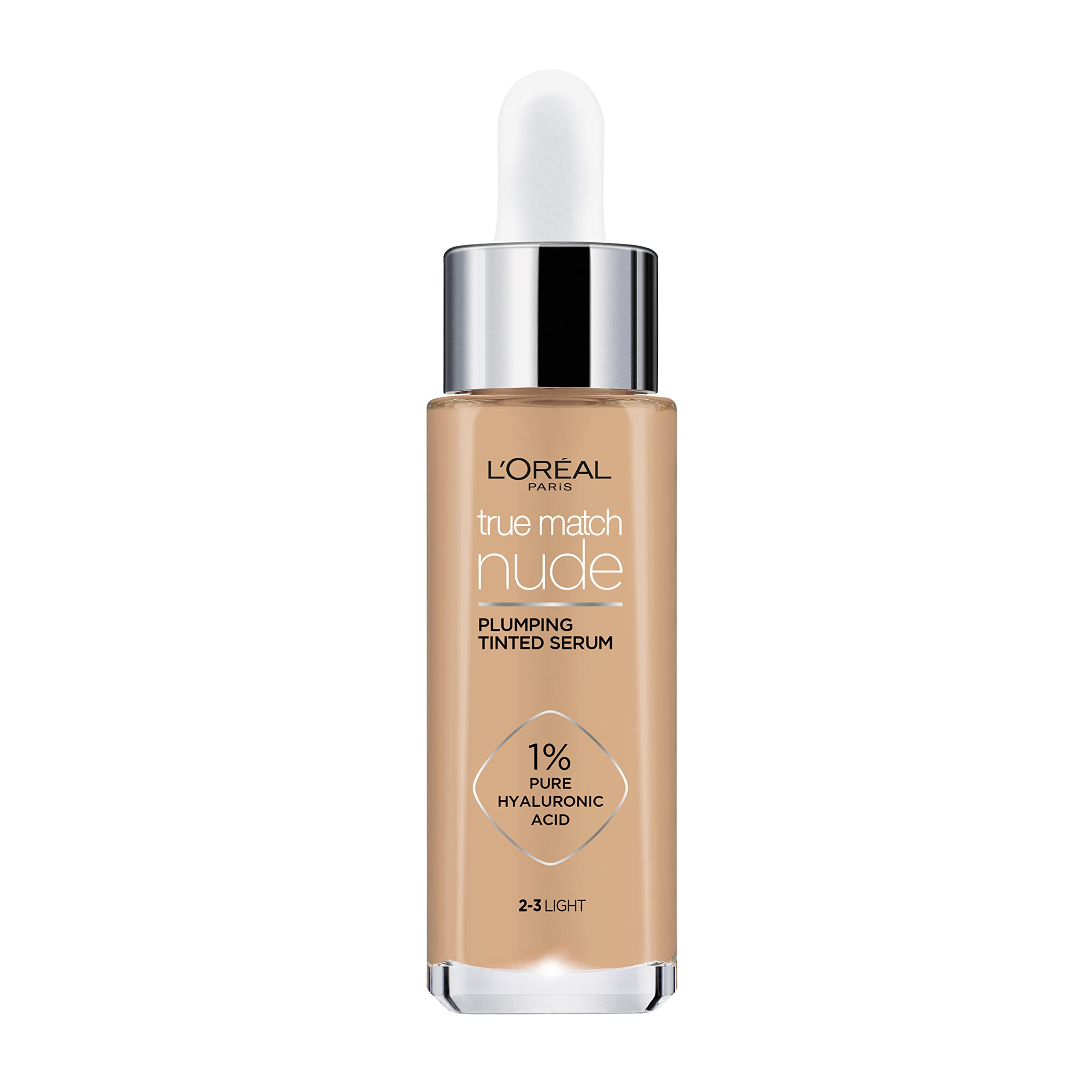 L'Oreal Paris True Match Nude Plumping Tinted Serum, 1% Hyaluronic Acid, Shade 2-3, Light, Instantly Evens, Brightens and Hydrates Skin