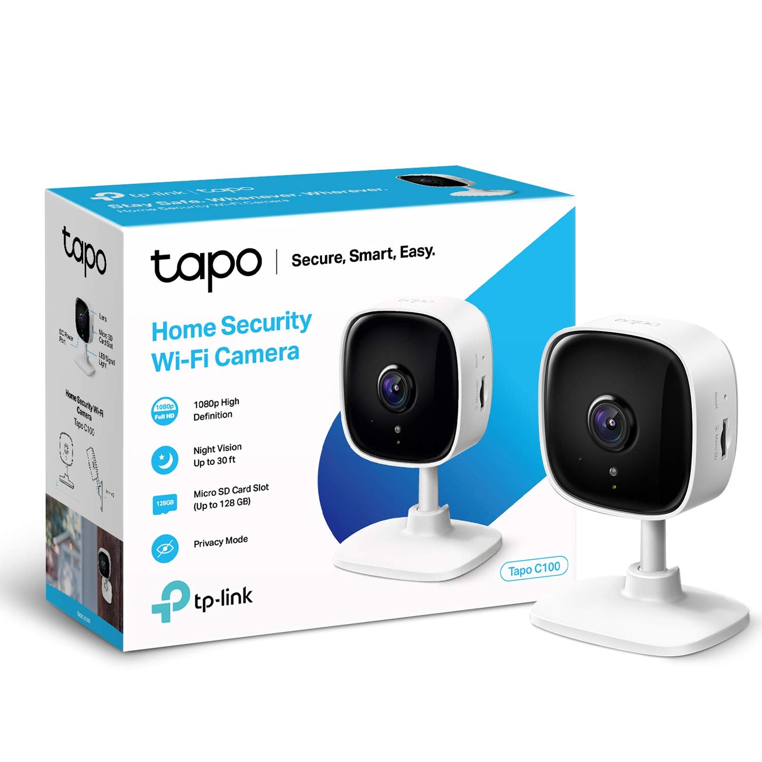 TP-Link Tapo Mini Smart Security Camera, Indoor CCTV, Works with Alexa & Google Home, No Hub Required, 1080p, 2-Way Audio, Night Vision, SD Storage, Device Sharing (Tapo C100)