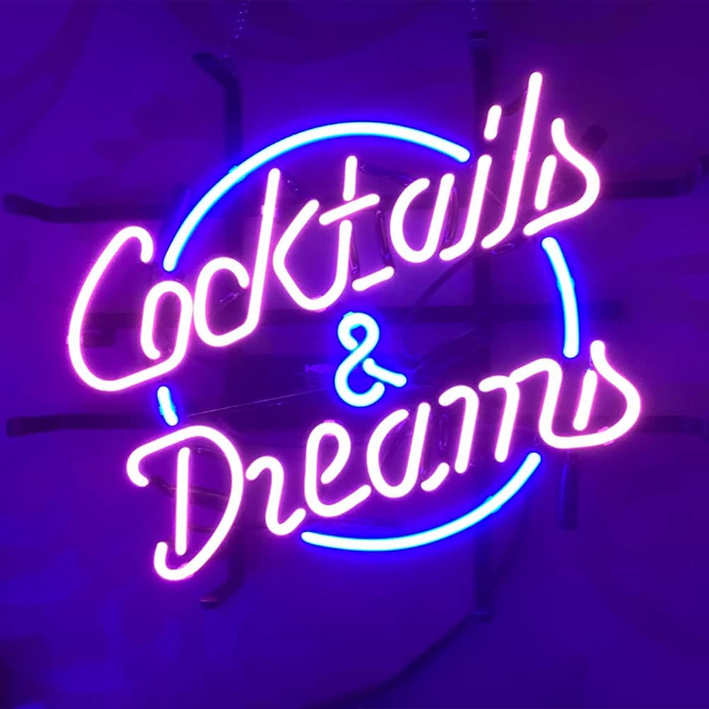 Cocktails and Dreams Real Glass Neon Light Sign Home Beer Bar Pub Recreation Room Game Room Windows Garage Wall Store Sign (17"x14" Large)