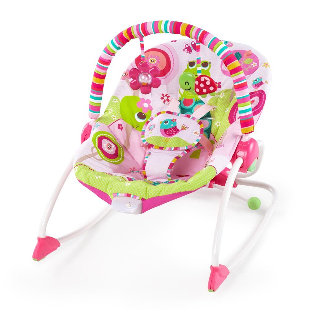 Bright Starts, Raspberry Garden Infant to Toddler Rocker & Bouncer with Soothing Vibrations, Baby Seat with Removable Toy Bar, 2 Toys, Reclinable, Newborn and up, Pink