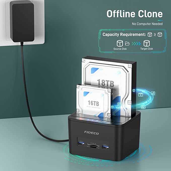 FIDECO Docking Station, USB 3.0 Hard Drive Docking Station for 2.5 and 3.5 inch SATA HDD or SSD, Support Offline Clone, TF & SD Card Reader, and 2x 18TB Hard Drives