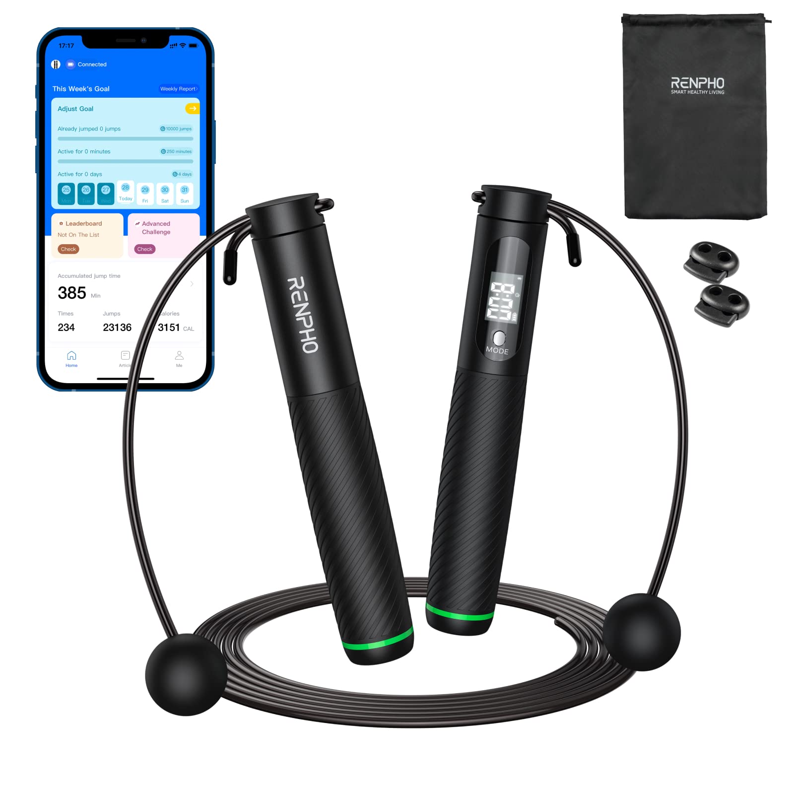 RENPHO Smart Skipping Rope with Counter, Adjustable Cordless Jump Ropes, APP Data Analysis, Speed Skip Rope for Fitness, Workout Equipment for Women Men Kids, Crossfit, Gym, MMA (Black1)