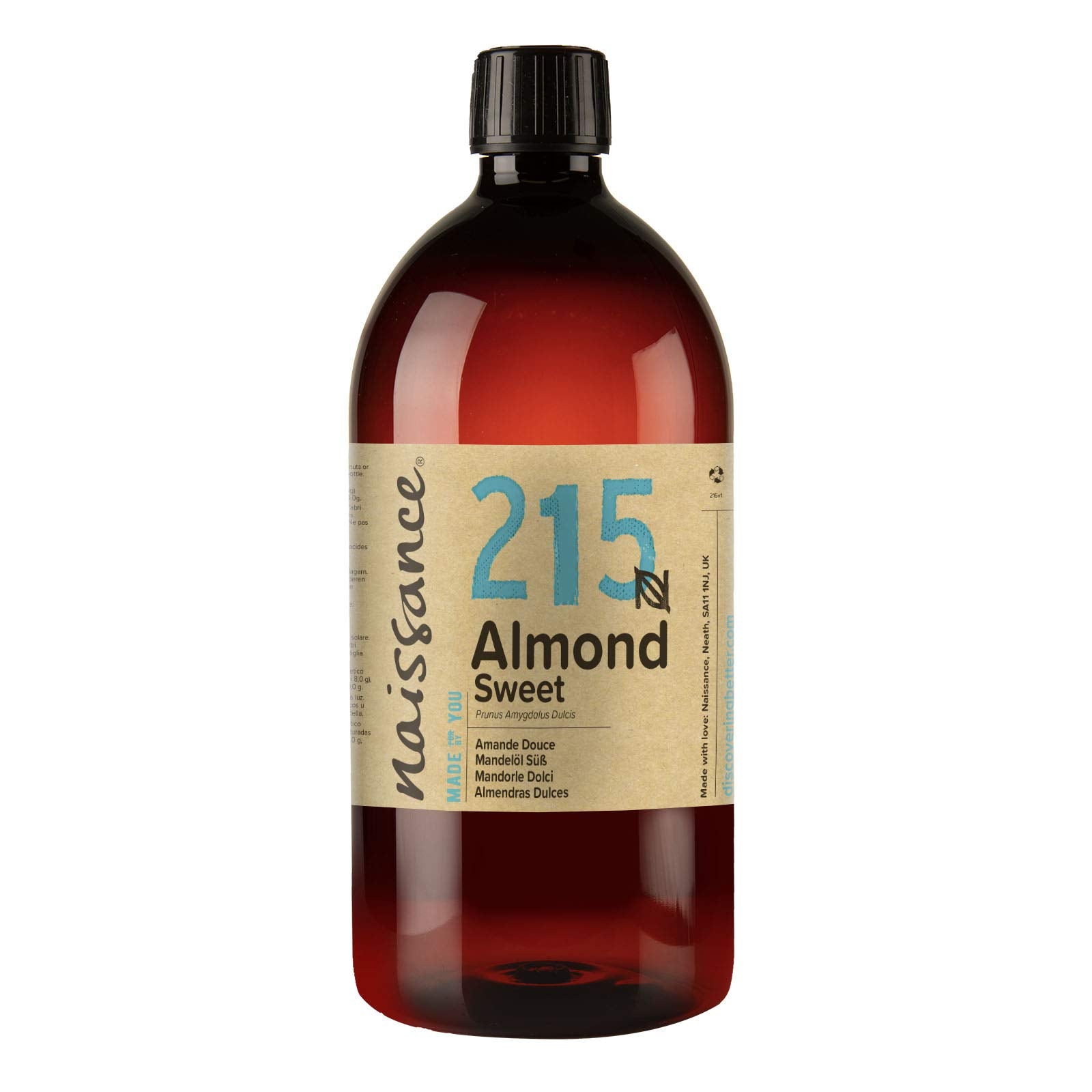 Naissance Sweet Almond Oil (no. 215) 1 Litre – For Skin, Hair, Massage, Nails, Cuticles, Ears, Face, Body, Stretch Marks - Natural Skin Care, Carrier Oil for Aromatherapy - Food Grade, Vegan, No GMO