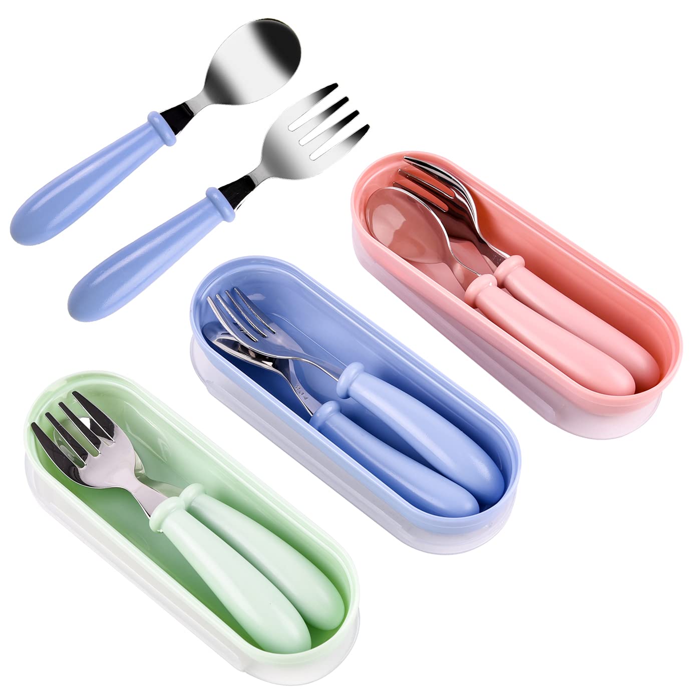 WXJ13 3 Toddler Fork and Spoon Sets,Toddler Cutlery Baby Cutlery Safe Baby Tableware Kids Feeding Cutlery Utensils Weaning Spoons with Travel Case Dishwasher Safe for Kids