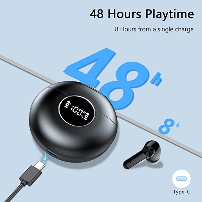 Wireless Earbuds, Bluetooth 5.2 Wireless Headphones With Mics, 48H Playtime with LED Power Display, Deep Bass, USB-C Fast Charging, Touch Control, IPX7 Waterproof Wireless Earphones for Work/Sport