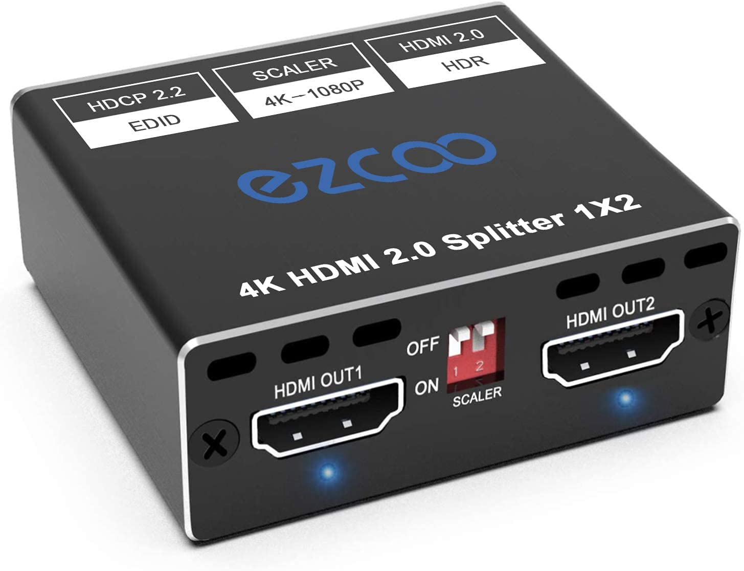 HDMI Splitter 1x2 4K 60Hz 1080P 120Hz 4:4:4 HDR D-olby Vision Atmos Scaler 4K 1080P for Dual Monitors,Firmware Upgrade HDMI 2.0 Splitter 1 in2 out HDCP2.2 PS5 Scaler EDID Switch USB Power ESD SP12H2