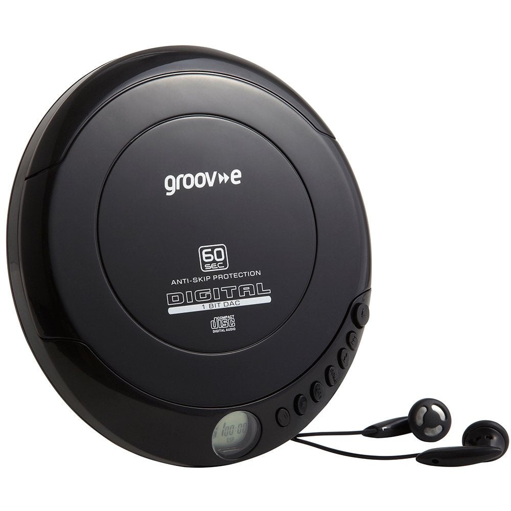 Groov-e GVPS110BK Retro Personal CD Player with 20 Track Programmable Memory, LCD Display, Anti-Skip Protection and Earphones Included - Black