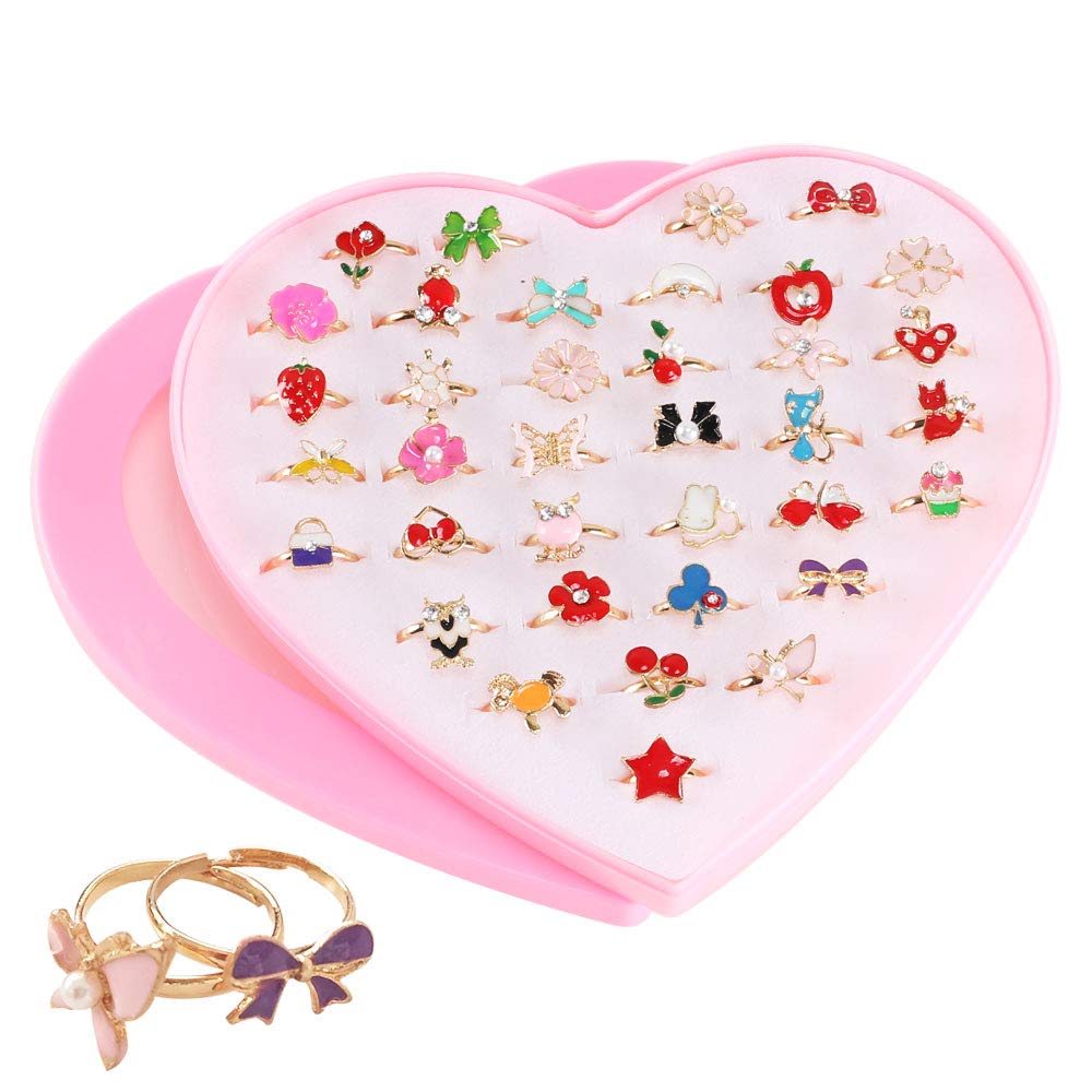 FOGAWA 36Pcs Adjustable Rings Set for Girls Princess Jewelry Finger Rings Pretend Play Dress Up Rings Childrens Ring for Kids Birthday Party with Heart Shape Box
