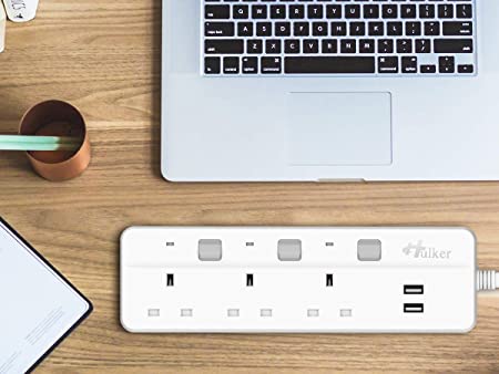 Hulker Extension Lead with USB slots Power Strips with USB ports 3 Way Outlets 2 USB Ports Surge Protection UK Plug with Fuse 13A Extension cord with Shutter 3 Way +2 USB