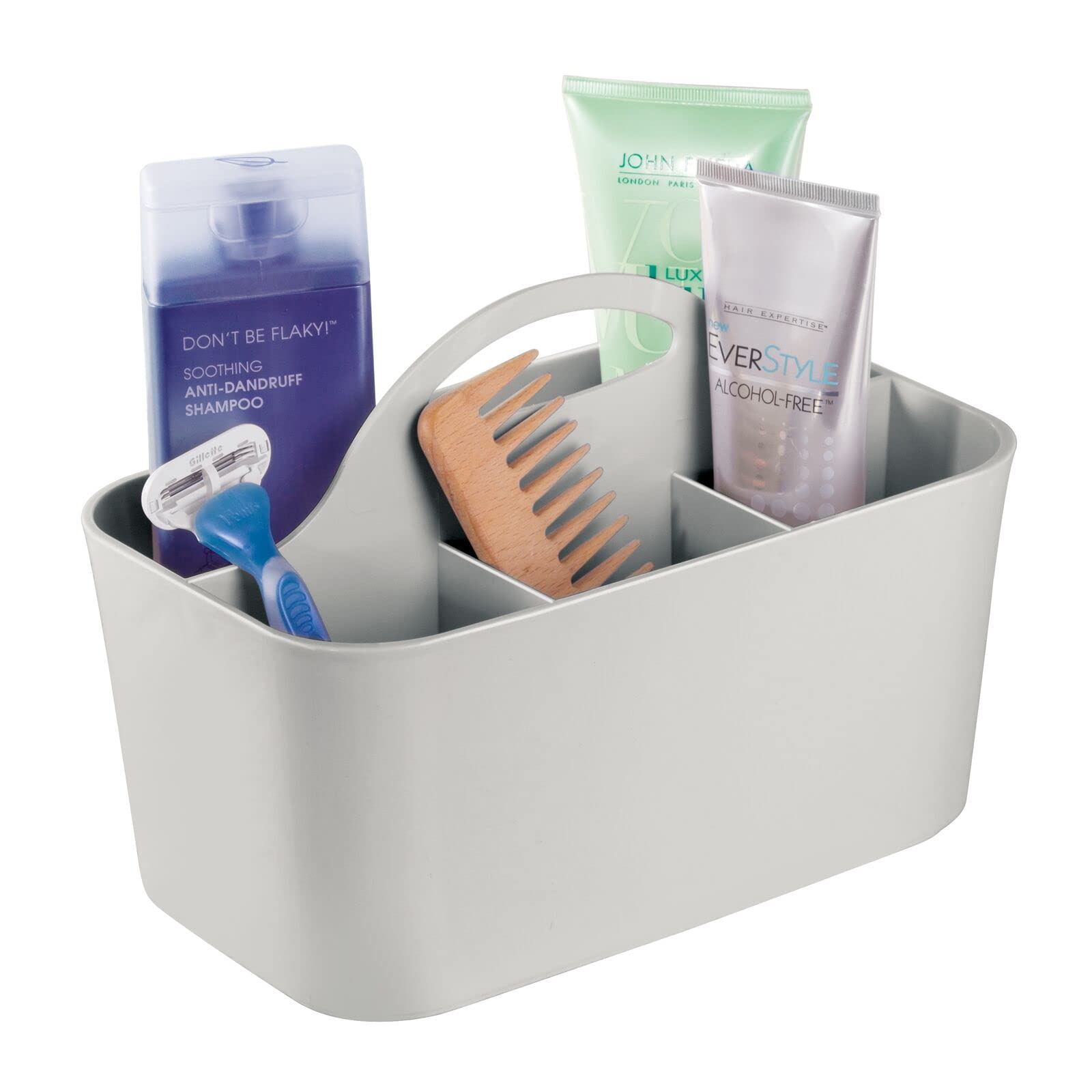 mDesign Bathroom Basket with Handles - Ideal as Cosmetics Organiser, Kitchen Organiser or Hand Towel Holder - Plastic Bath Box - Light Grey