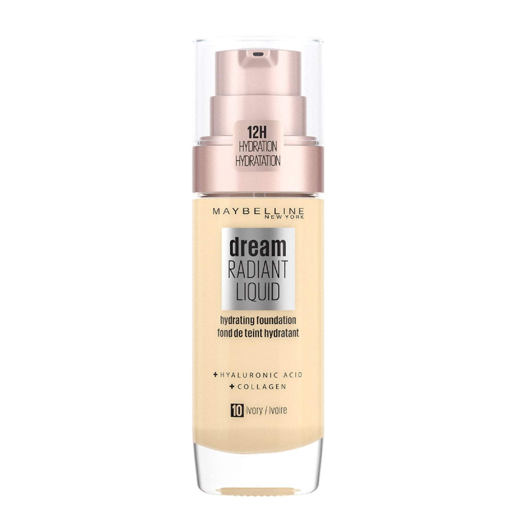 Maybelline Foundation, Dream Radiant Liquid Hydrating Foundation with Hyaluronic Acid and Collagen - Lightweight, Medium Coverage Up to 12 Hour Hydration - 10 Ivory