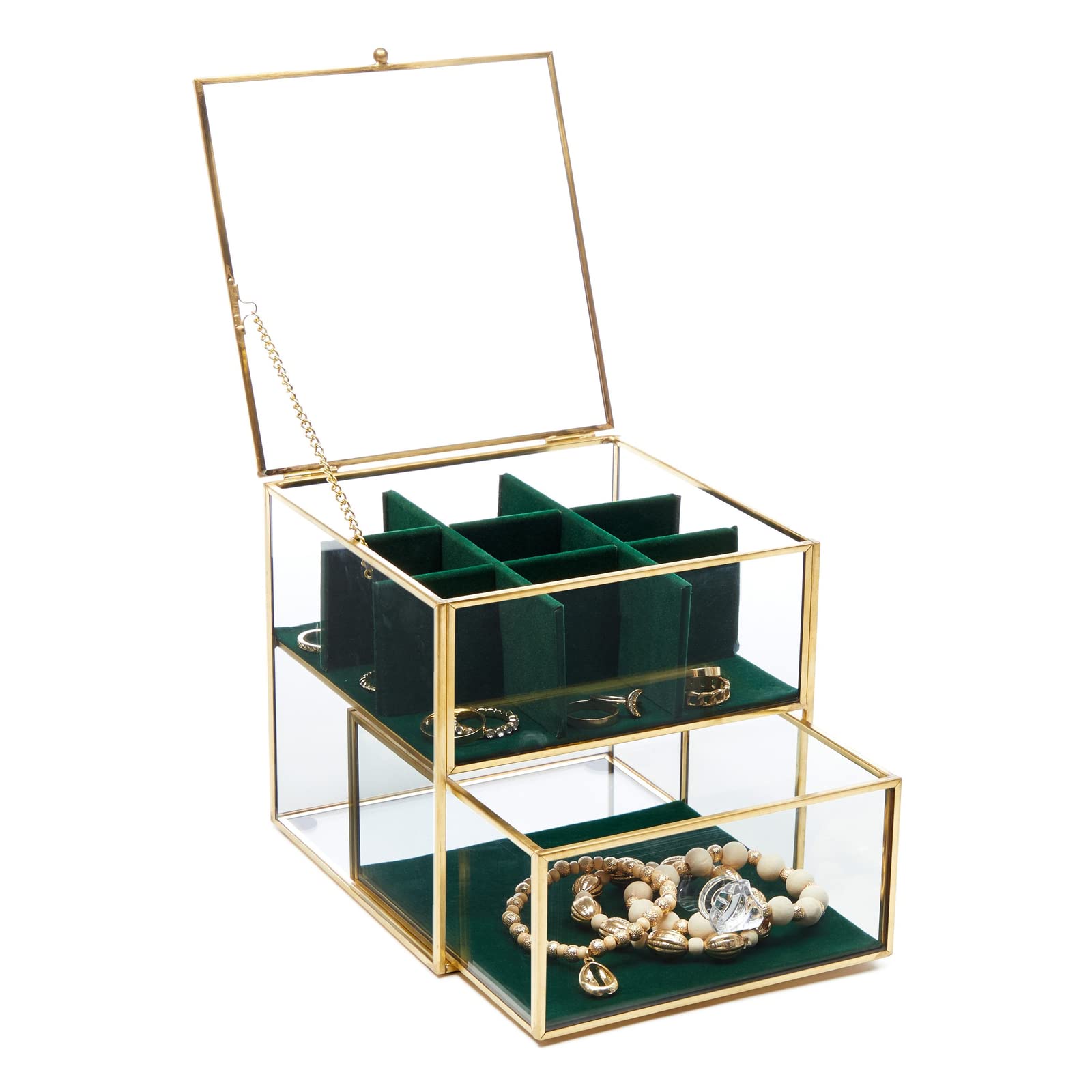 Clear Glass Jewellery Box with Drawers and Green Velvet Compartments, Gold Display Case, 14 x 15.5 cm