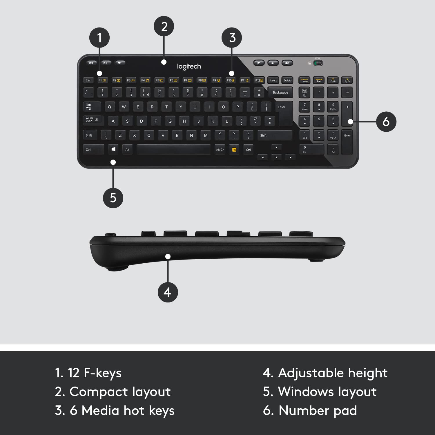 Logitech K360 Compact Wireless Keyboard for Windows, 2.4GHz Wireless, USB Unifying Receiver, 12 F-Keys, 3-Year Battery Life, Compatible with PC, Laptop, QWERTY UK English Layout - Black