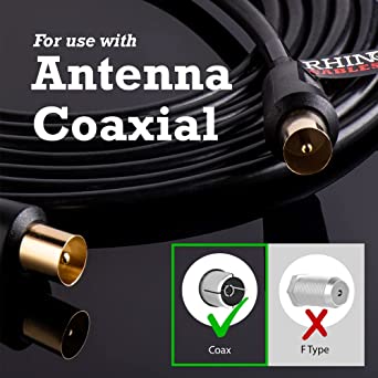 rhinocables Aerial Coaxial Cable with Gold-Plated Connectors, Male to Male RF Coax Lead with Female Adapter Coupler for Freeview, Freesat, Sky, Virgin, BT, You View, Satellite TV, Black (1.8m)