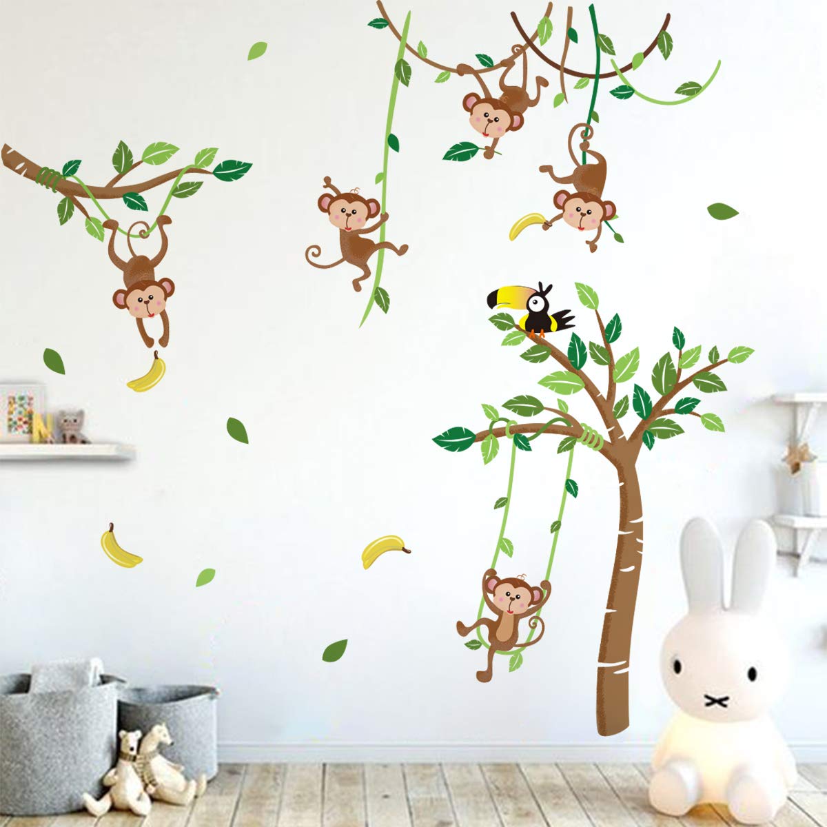 Runtoo Monkey and Tree Wall Decals Animals Jungle Wall Stickers TV Wall Décor for Baby Nursery Kids Bedroom