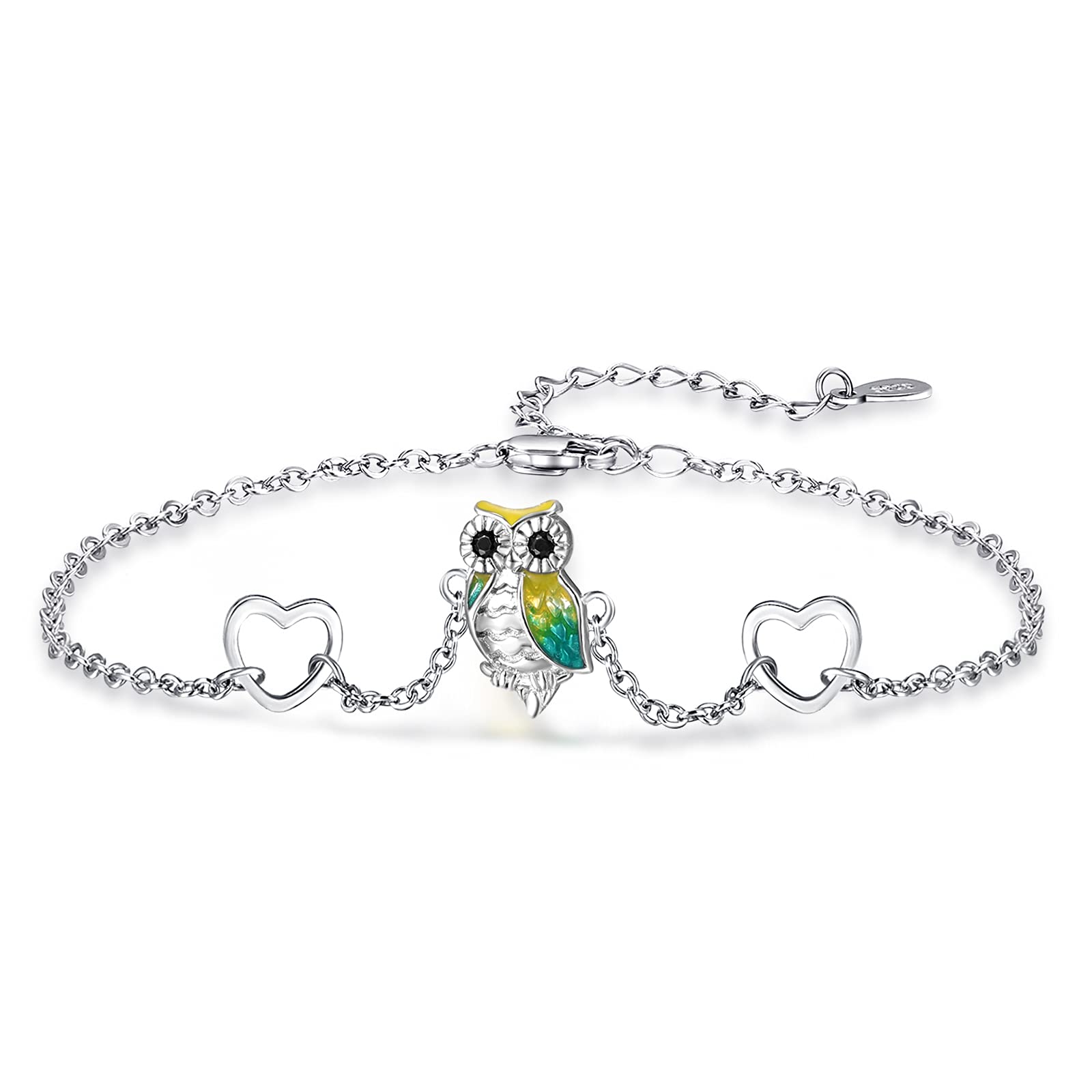 KINGWHYTE Owl Bracelet 925 Sterling Silver Heart pendant Bracelet Animal Bracelet Jewelry Gifts for Women Mum Girls Daughter