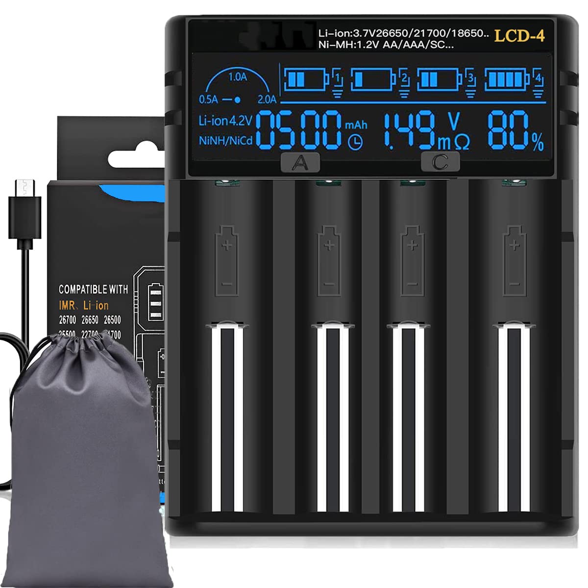 Universal Fast 18650 Battery Charger with LCD Display Battery Capacity Information, Suitable for 3.7v 1.2v Batteries 26650 18650 18490 18350 17670 17500 16340 14500 RCR123A Ni-MH Ni-Cd AAA AA