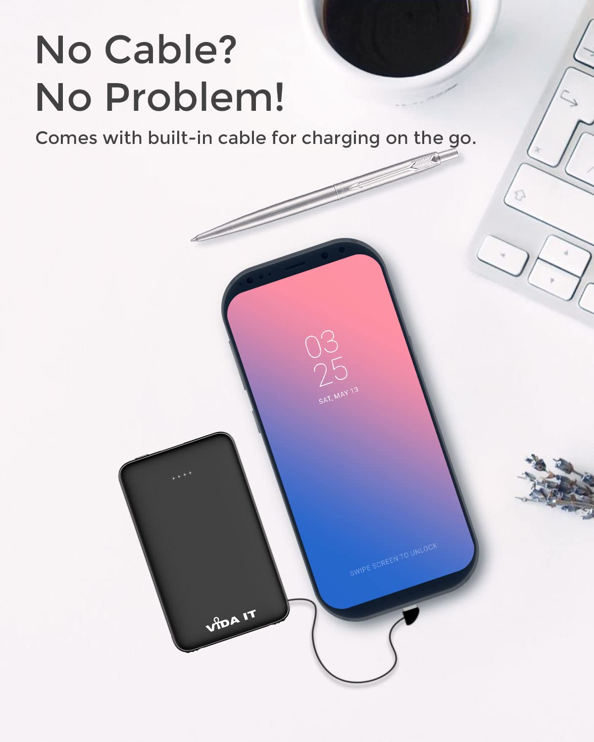 Vida IT vBot Power Bank Portable Charger Battery Pack for Samsung Galaxy S21 S20 S10 S8 A51 Android Mobile Phone Power Pack with Built-In Cable