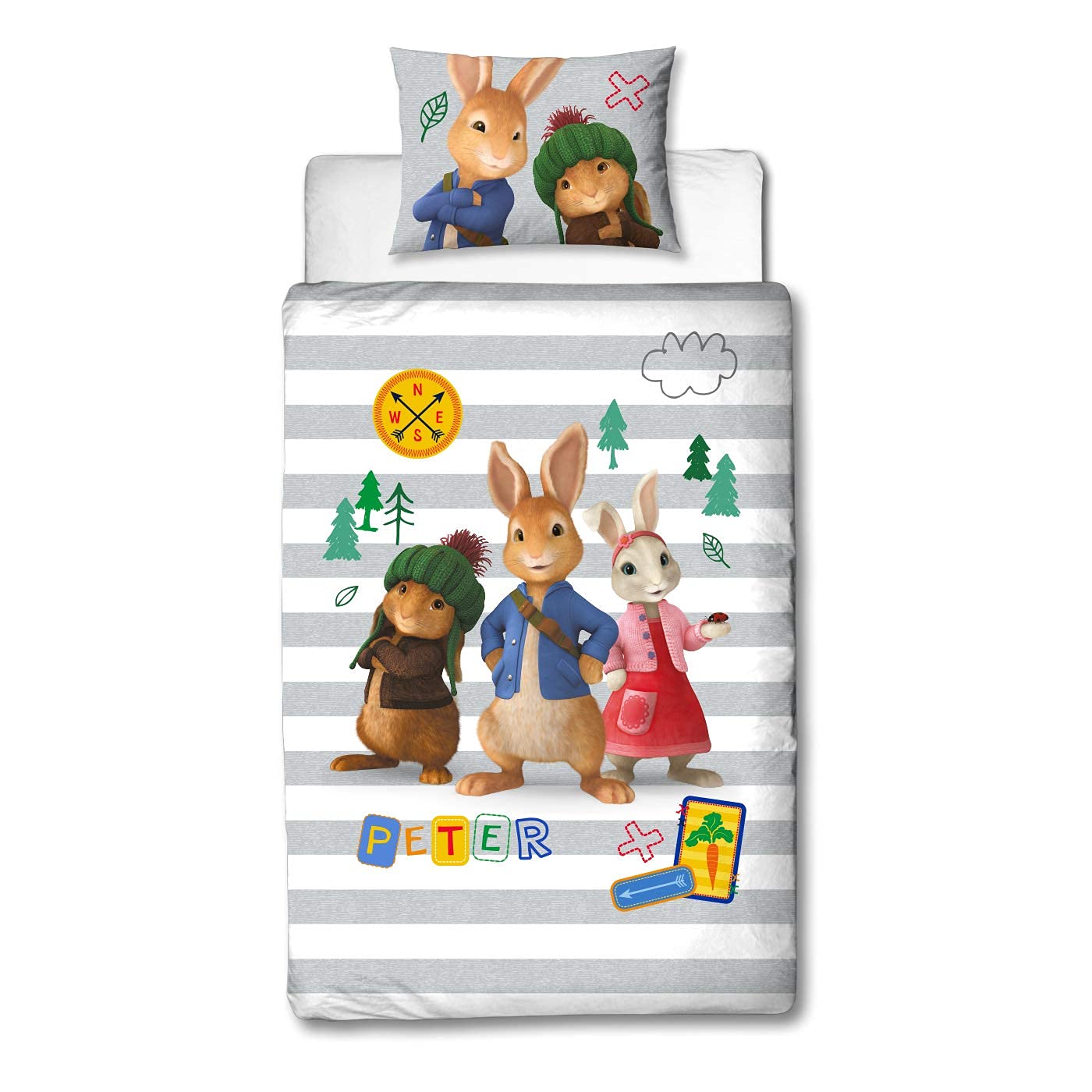 Character World Official Peter Rabbit Single Duvet Cover | Forrest Design | Kids & Teenager Striped Reversible Bedding Set & Pillowcase