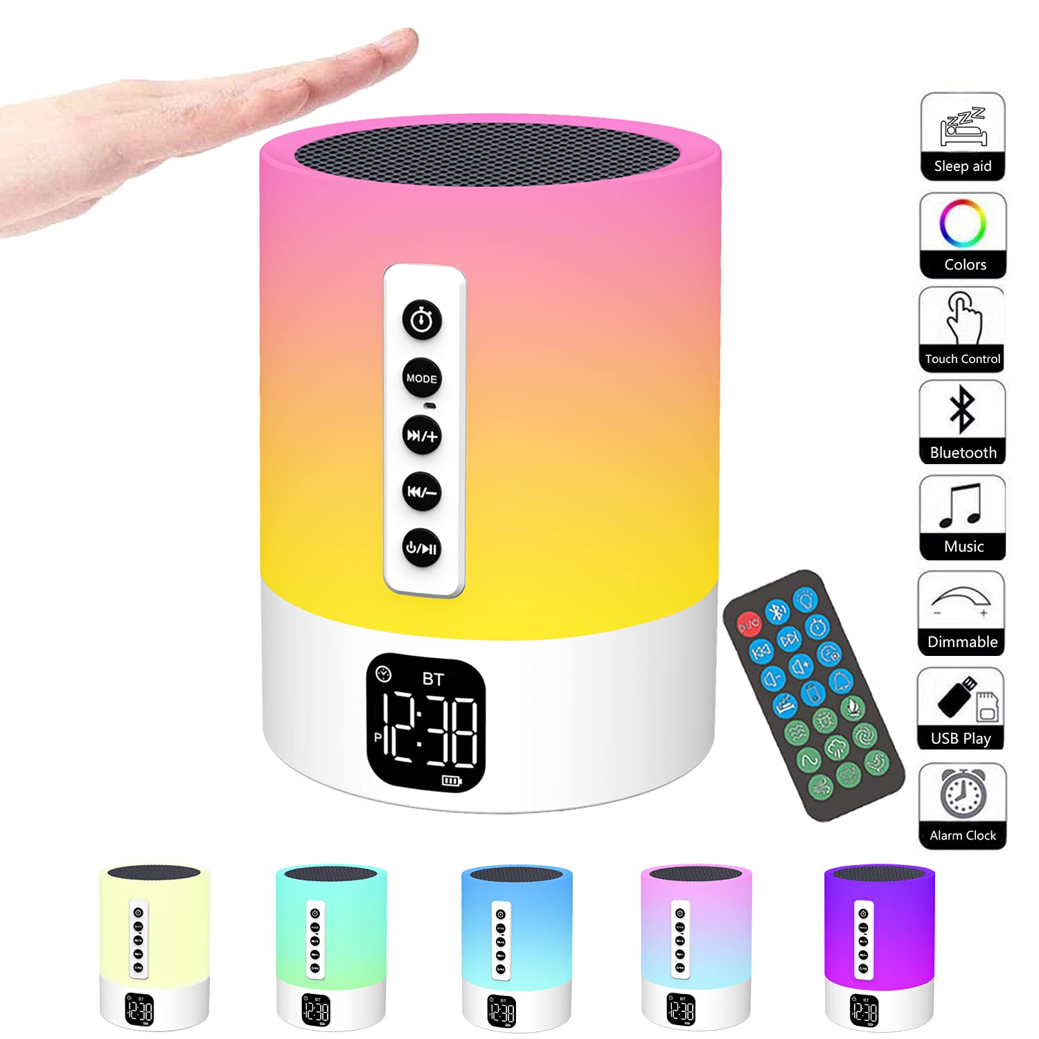 Night Light Bluetooth Speaker, Alarm Clock Bluetooth Speaker,Bedside Lamp with Alarm Clock,White Noise Machine,Dimmable Color Changing Table Lamp Bedroom Gifts for Teenage Girls Boys Kids Women Teens