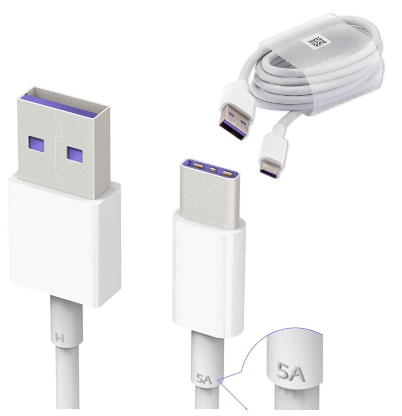 Genuine Official HUAWEI HL1289 5A USB 3.1 Type C Superfast Charging Data Cable for HUAWEI P9/ P9 Plus/ P10/ P10 Plus/Mate 9/ Nova/Nova 2 - White (Bulk Packed, Frustration Free Packaging)