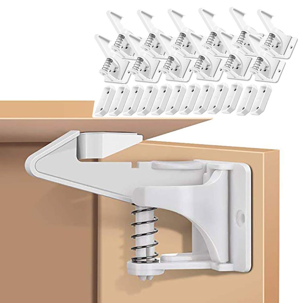 12 PCS Child Safety Cupboard Locks, Invisible & Unlocked Design No Drilling Needed, Adhesive Easy Install, Baby Proof Safety Cabinet Locks Inside for Children Drawer Kitchen Closet Latches (White)