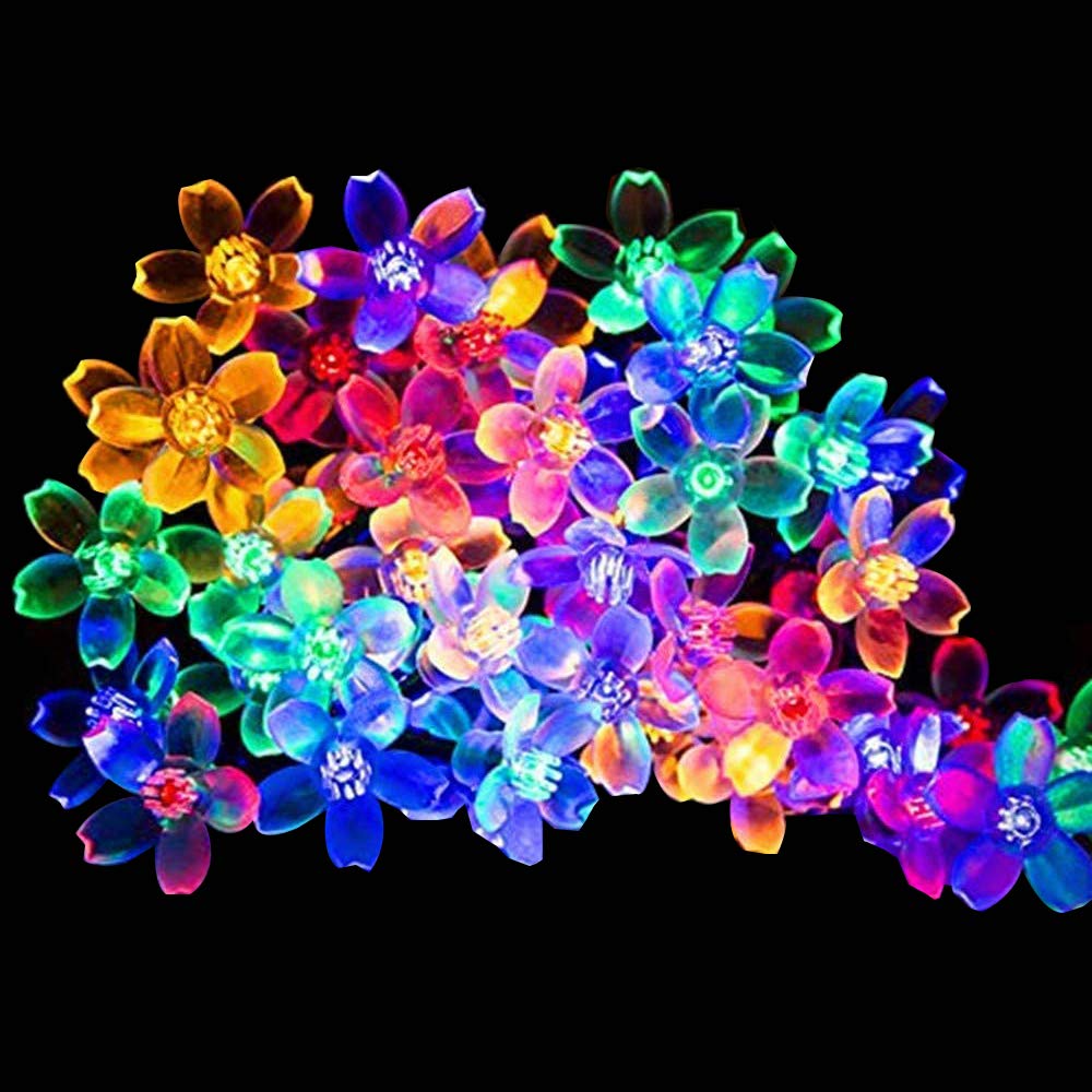 23ft 50 LED Flower Solar Powered Outdoor String Lights,8 Lighting Modes Color Changing Blossom Outdoor Garden Lights for Garden, Home, Lawn, Wedding, Patio, Party and Holiday Decorations