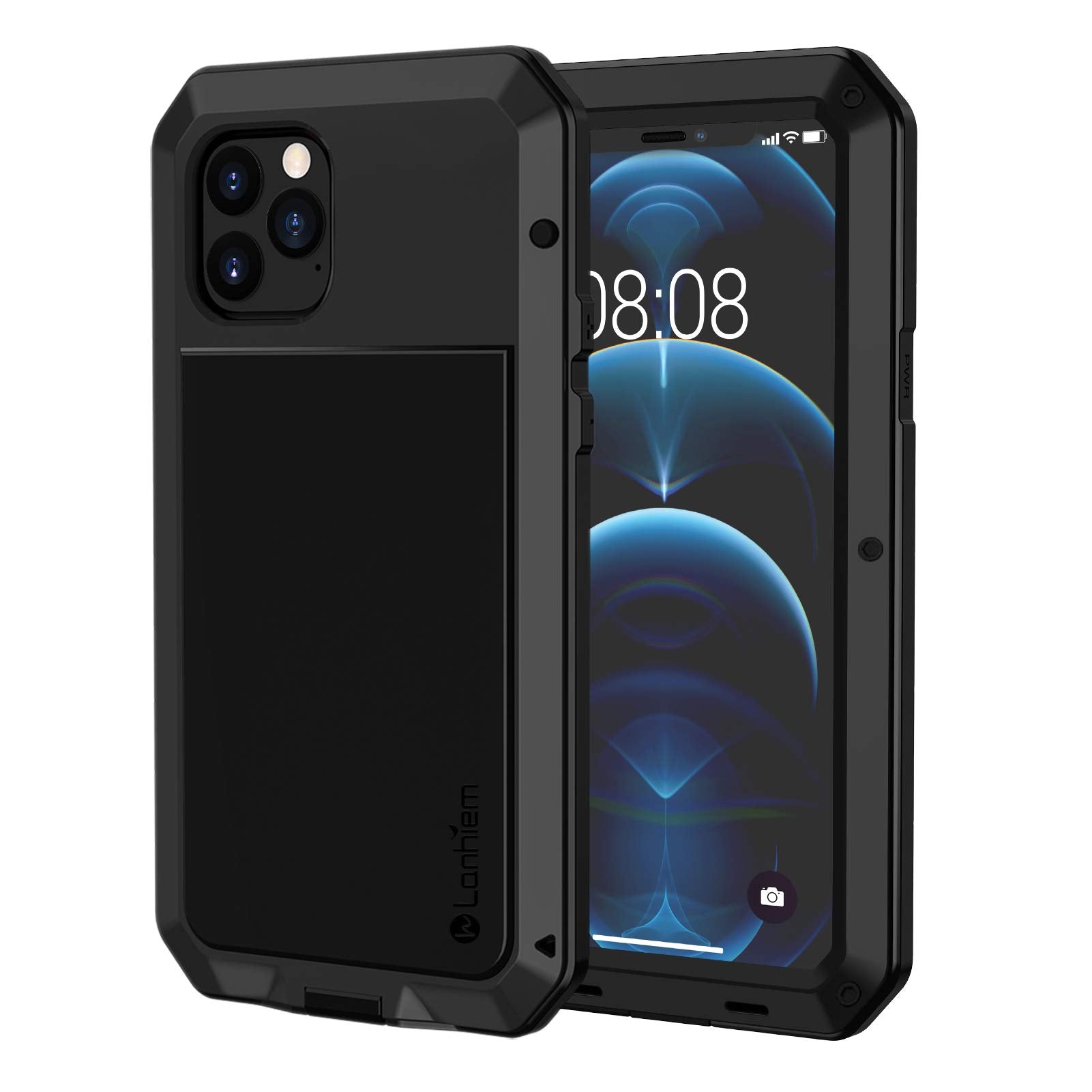 Lanhiem Heavy Duty Case Design for iPhone 12 / iPhone 12 Pro Shockproof Tough Armour Metal Case with [Tempered Glass Screen Film], 360 Full Body Protective Case Cover for iPhone 12/12 Pro -Black