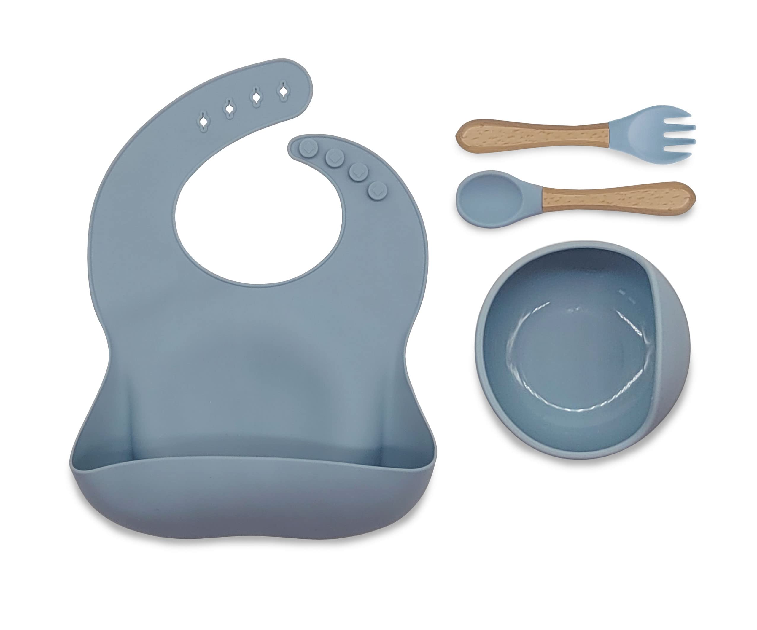 Baby Weaning Set - Silicone Baby Feeding Set with Bib, Bowl, Spoon & Fork. for Babies and Toddlers - BPA Free (Dusty Blue)