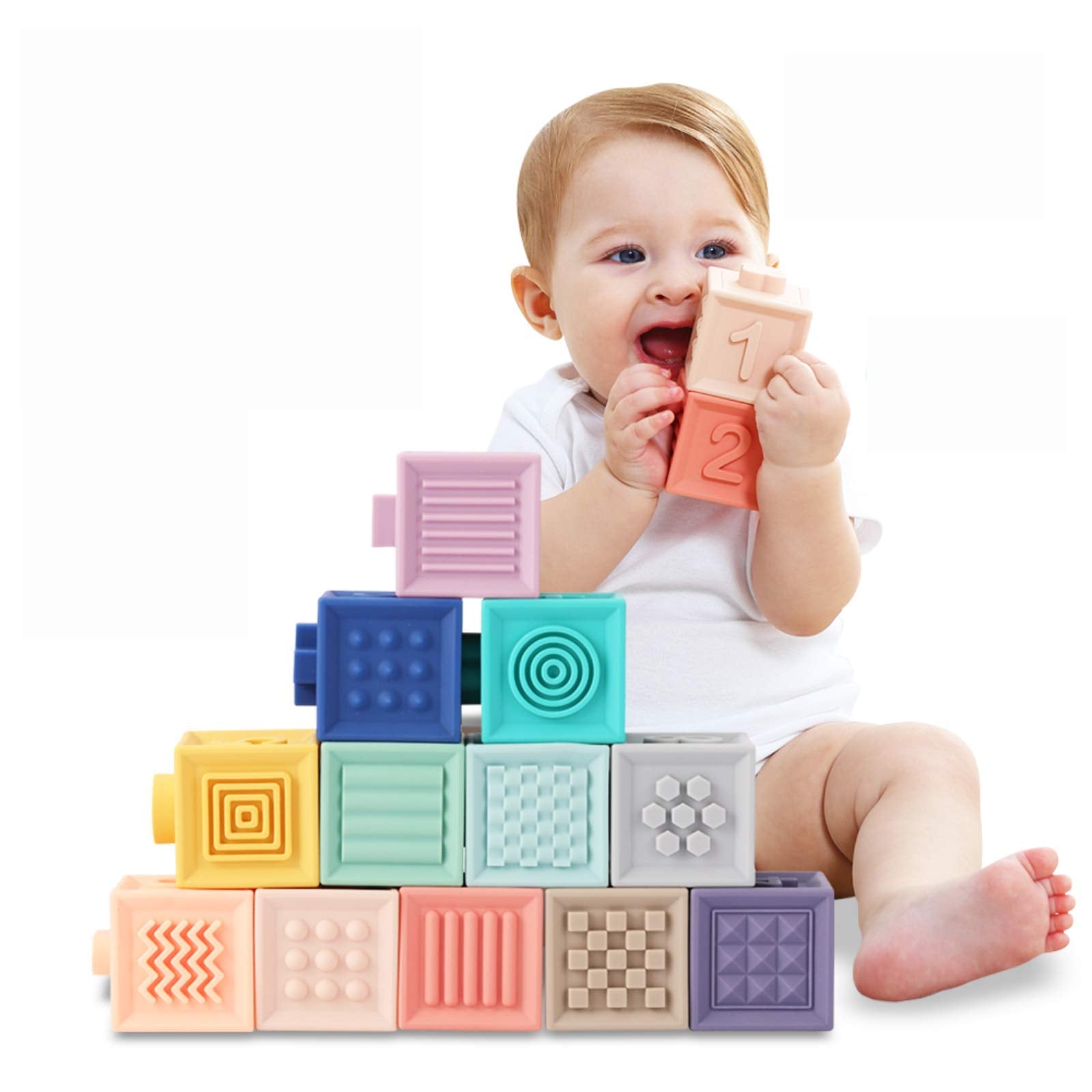 tumama Baby Blocks Soft Building Blocks Baby Toys Teethers Toy Educational Squeeze Play with Numbers Animals Shapes Textures 6 Months and Up 12PCS