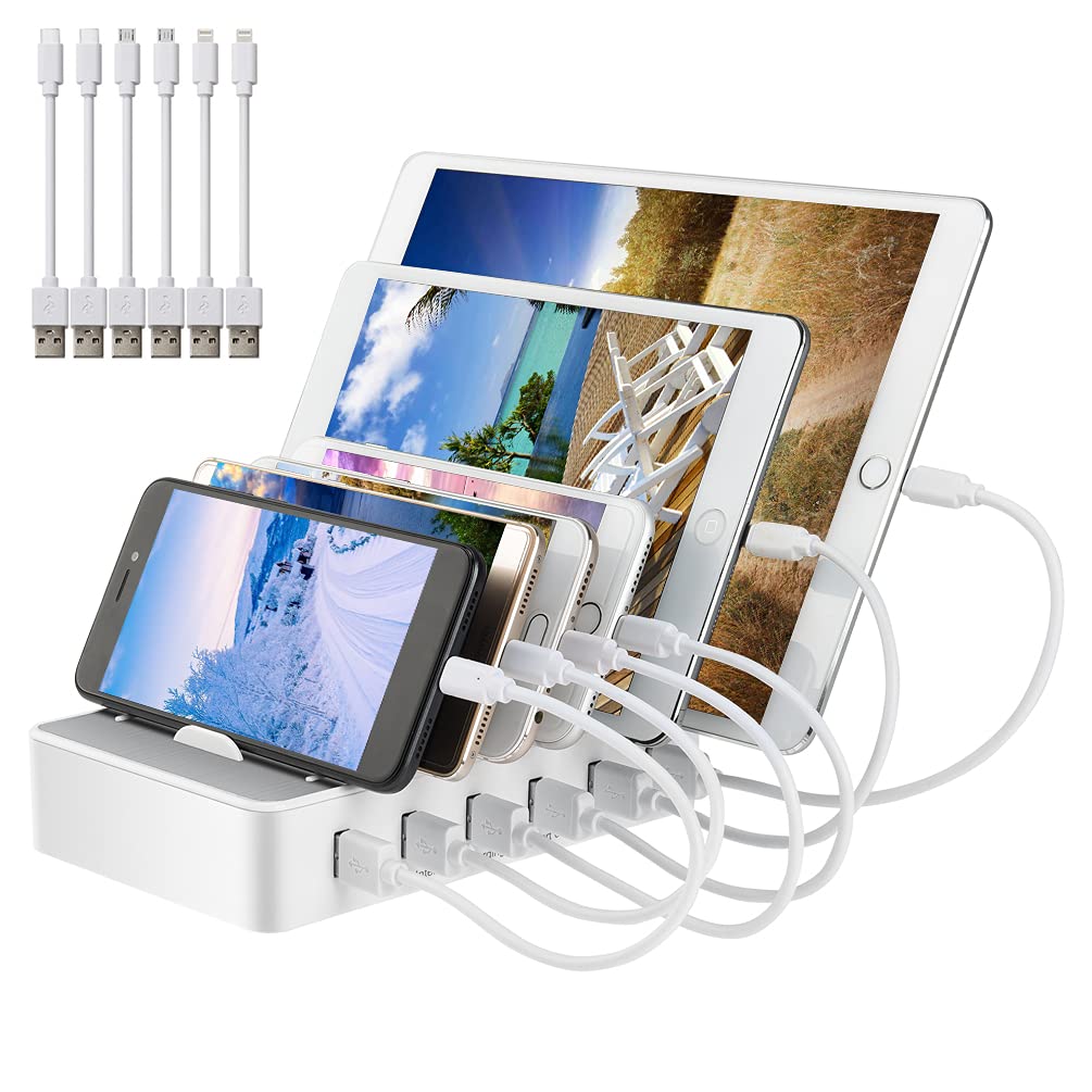 Charging Station with 6-Port 60W - USB Charging Station Multi-Device Organizer Type-C Wireless Fast Charge Quick Charger Dock Stand for Phone 13 8 Plus Galaxy Samsung Huawei Mobile Phone
